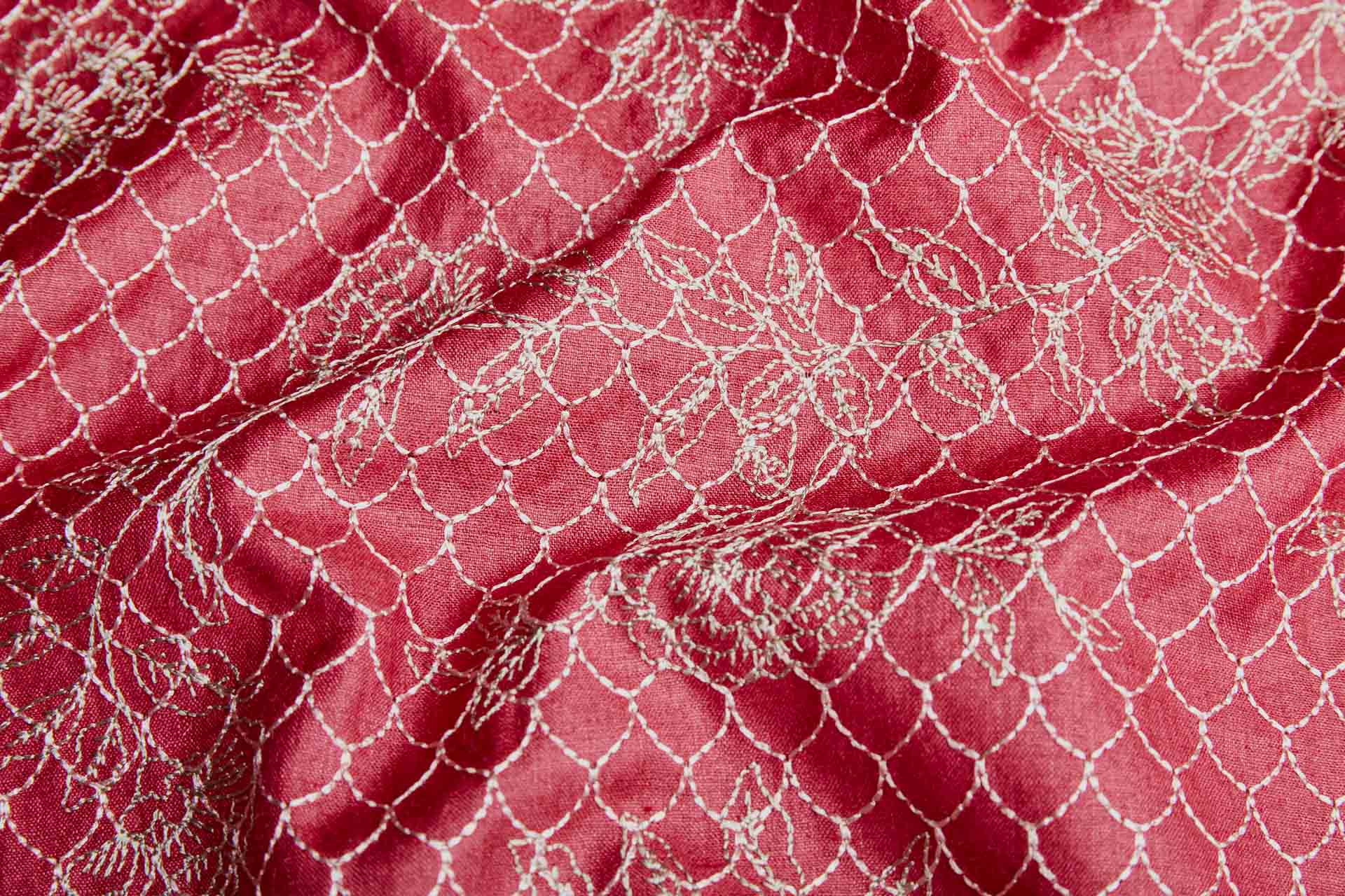 Scales and Flowers Embroidery in Berry Red Silk Tassar / Tussah fabric, image 2 of 7
