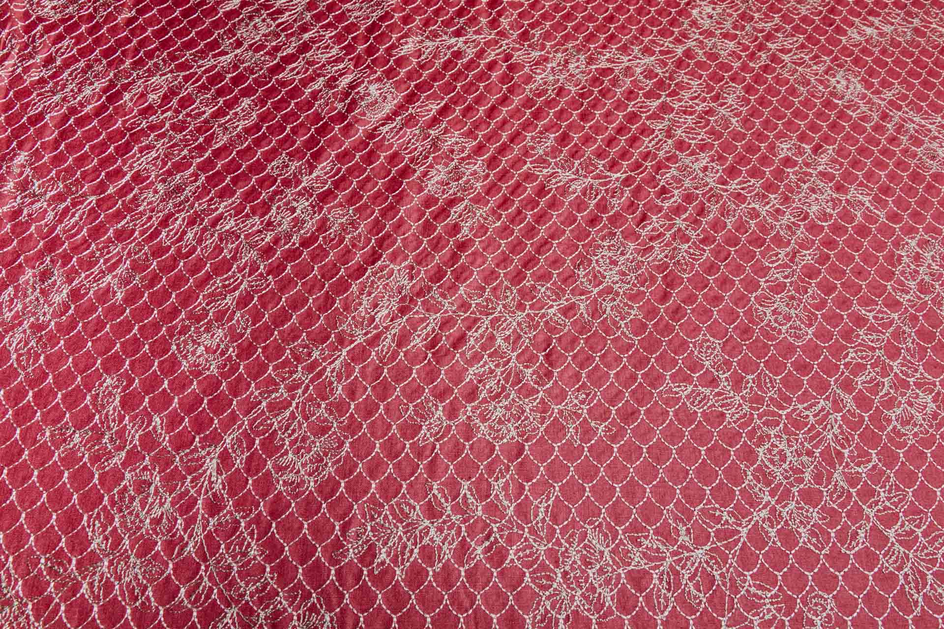 Scales and Flowers Embroidery in Berry Red Silk Tassar / Tussah fabric, image 3 of 7