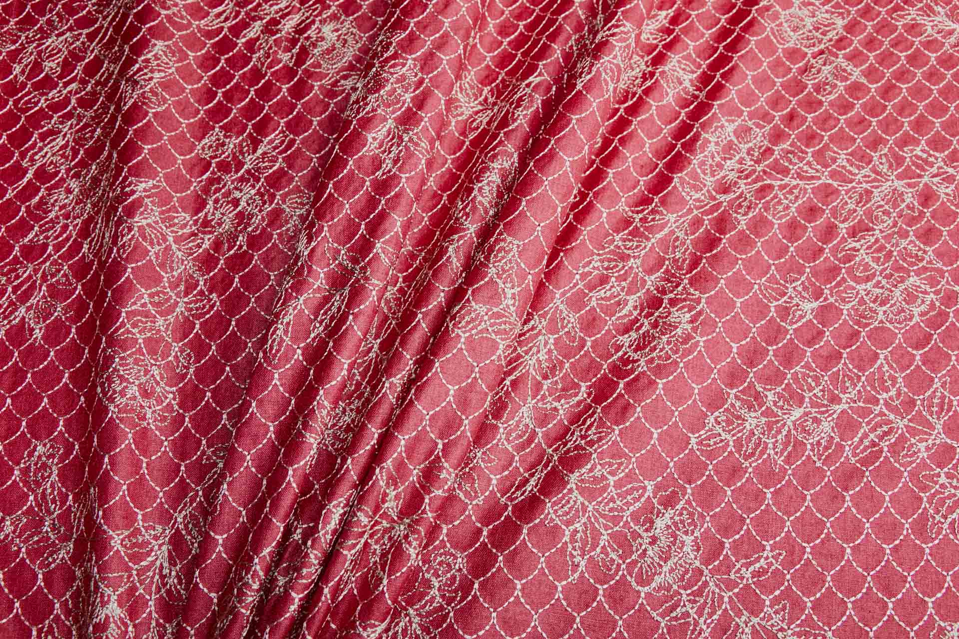 Scales and Flowers Embroidery in Berry Red Silk Tassar / Tussah fabric, image 5 of 7