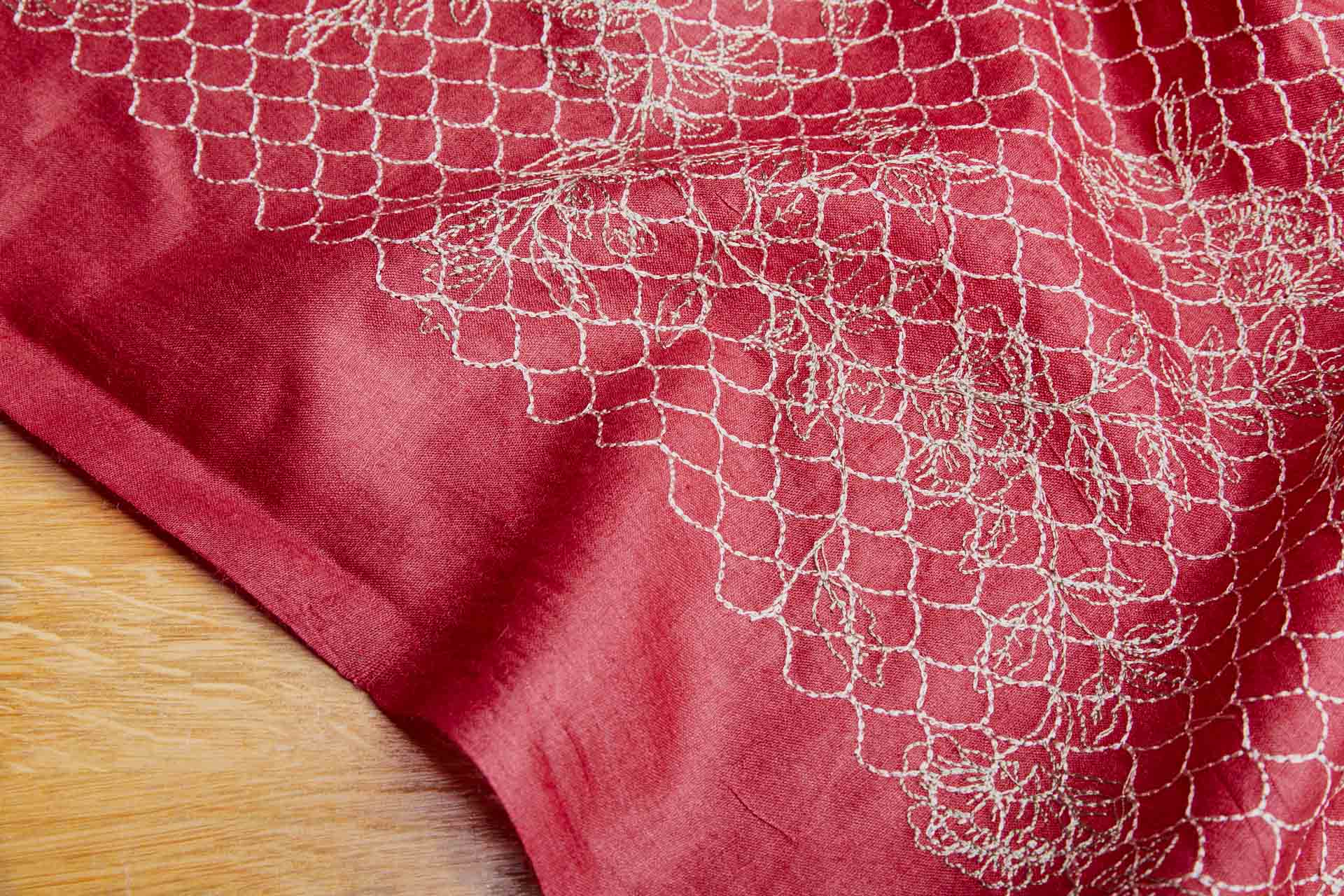 Scales and Flowers Embroidery in Berry Red Silk Tassar / Tussah fabric, image 6 of 7