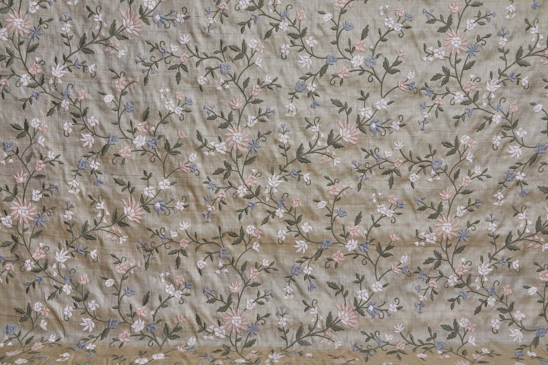 Pink and Lilac Floral Embroidery with Olive Leaves on Ecru Tassar fabric, image 2 of 8