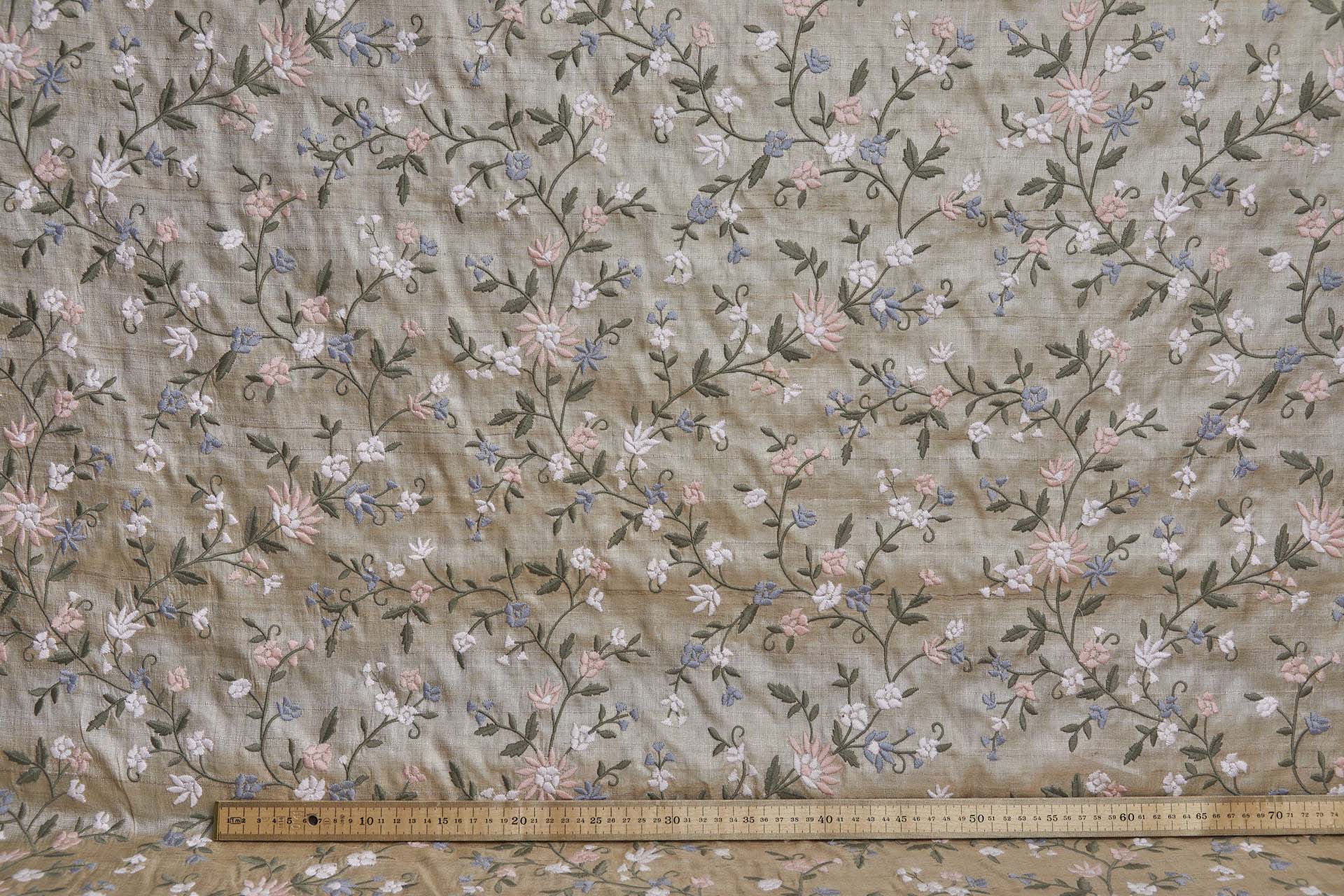 Pink and Lilac Floral Embroidery with Olive Leaves on Ecru Tassar fabric, image 3 of 8