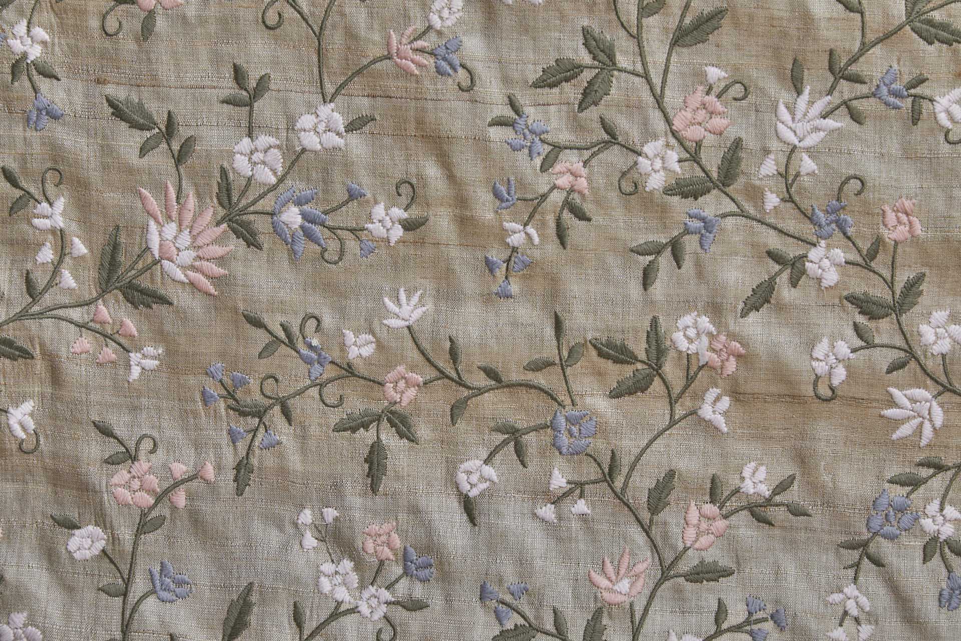 Pink and Lilac Floral Embroidery with Olive Leaves on Ecru Tassar fabric, image 4 of 8