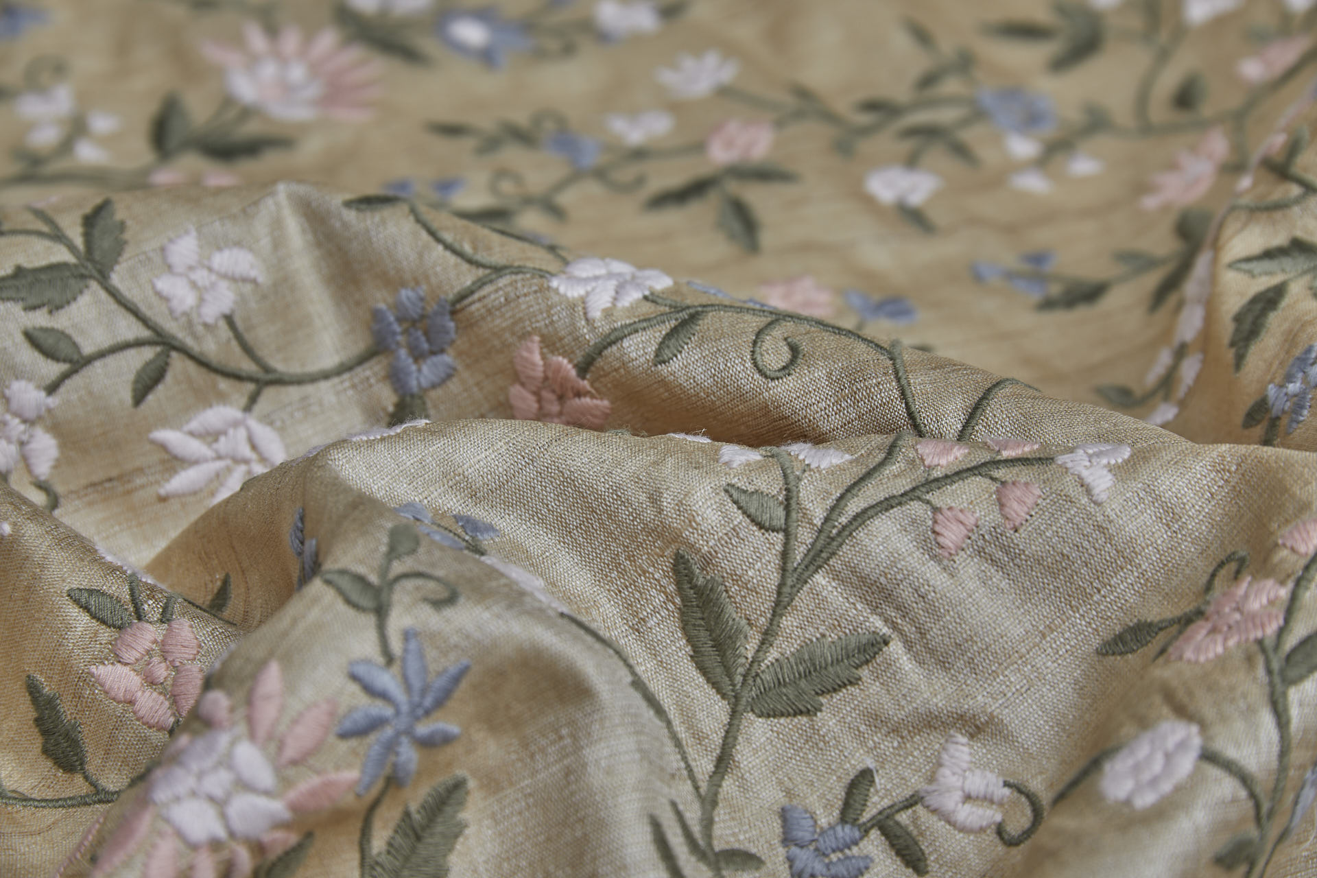 Pink and Lilac Floral Embroidery with Olive Leaves on Ecru Tassar fabric