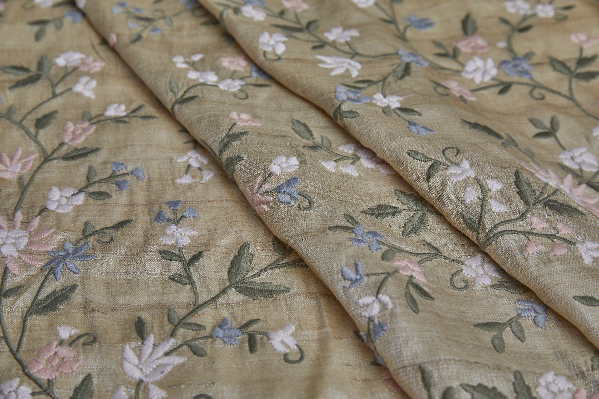 Pink and Lilac Floral Embroidery with Olive Leaves on Ecru Tassar fabric, image 5 of 8