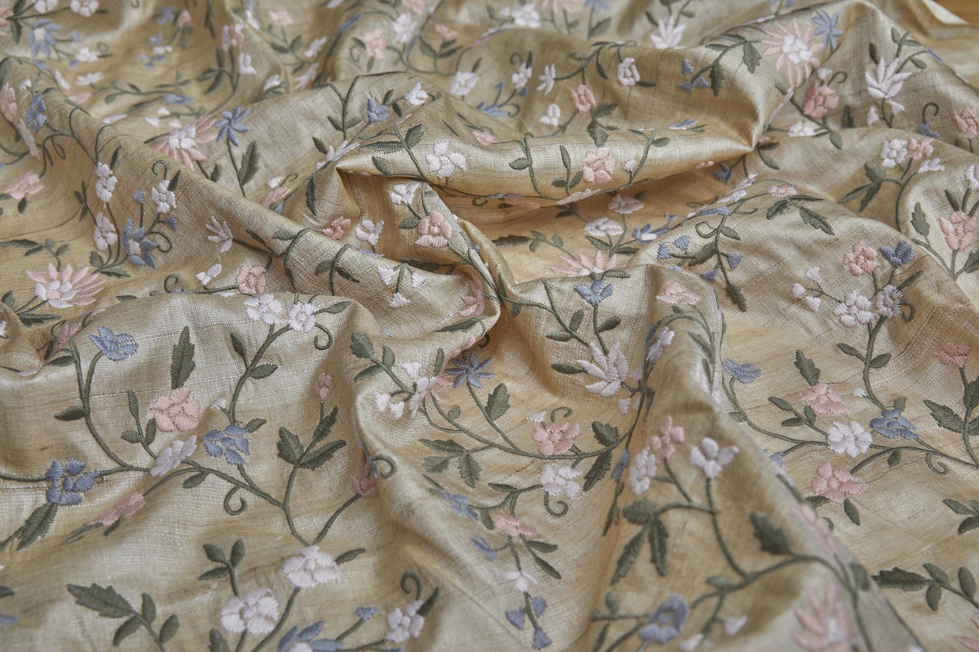 Pink and Lilac Floral Embroidery with Olive Leaves on Ecru Tassar fabric, image 6 of 8