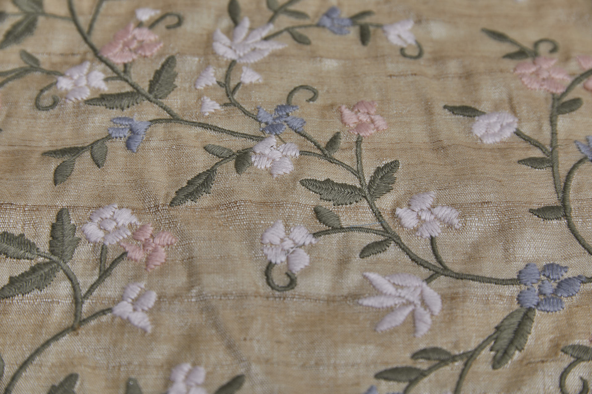 Pink and Lilac Floral Embroidery with Olive Leaves on Ecru Tassar fabric, image 7 of 8