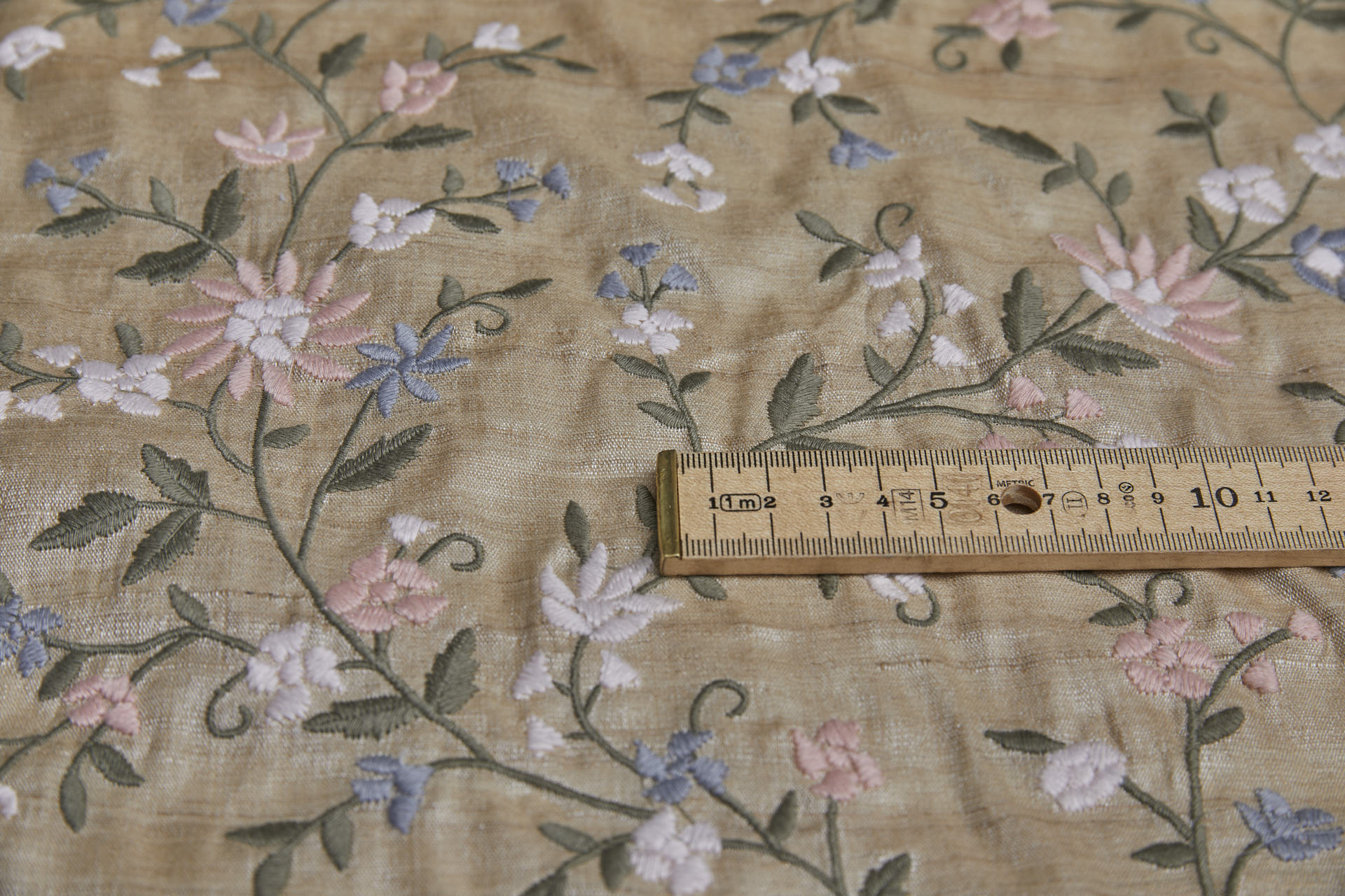 Pink and Lilac Floral Embroidery with Olive Leaves on Ecru Tassar fabric, image 8 of 8