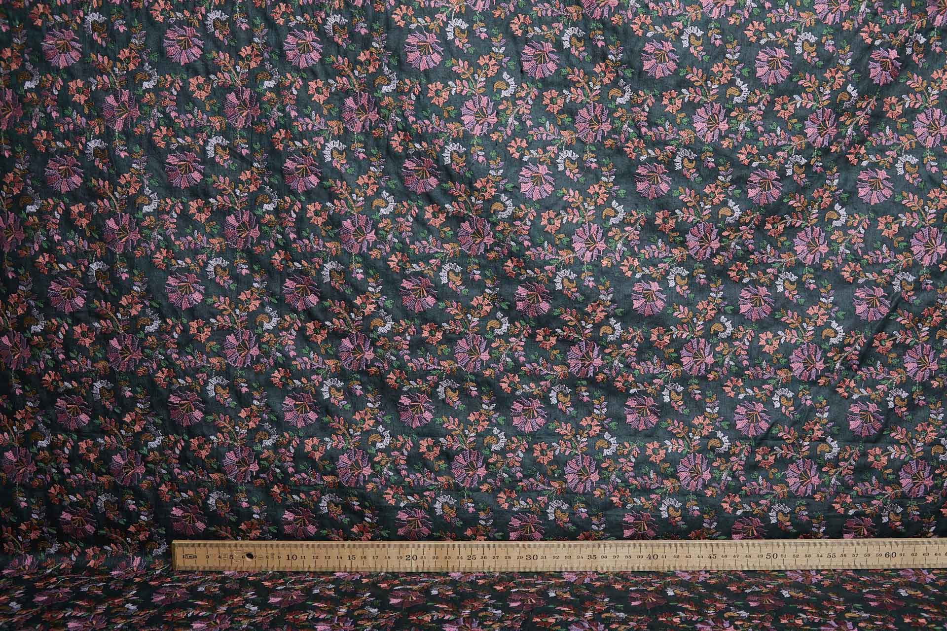 Dense Multi Coloured Floral Embroidery with Green Leaves on Dark Green Silk Tassar fabric, image 10 of 10