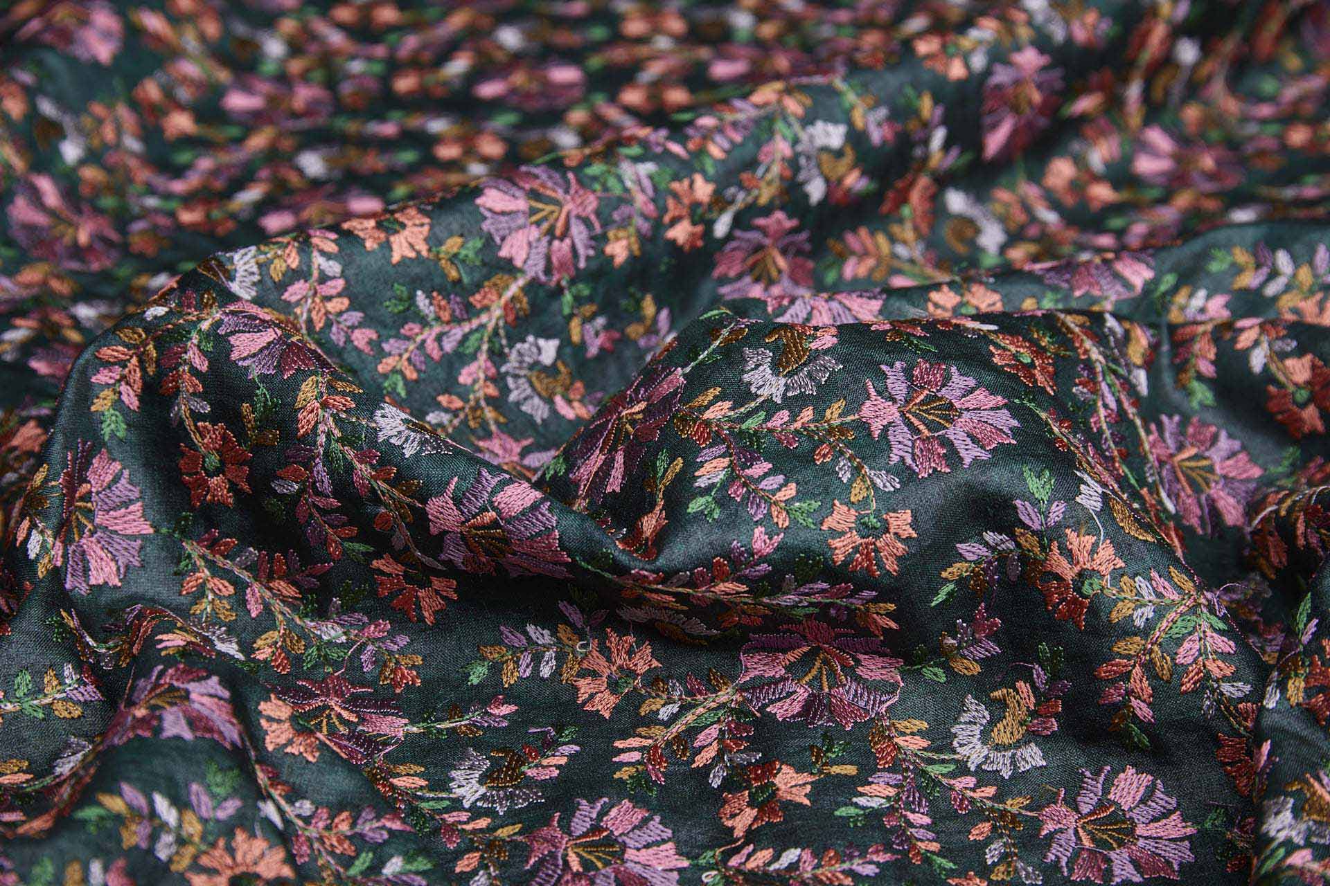 Dense Multi Coloured Floral Embroidery with Green Leaves on Dark Green Silk Tassar fabric, image 2 of 10