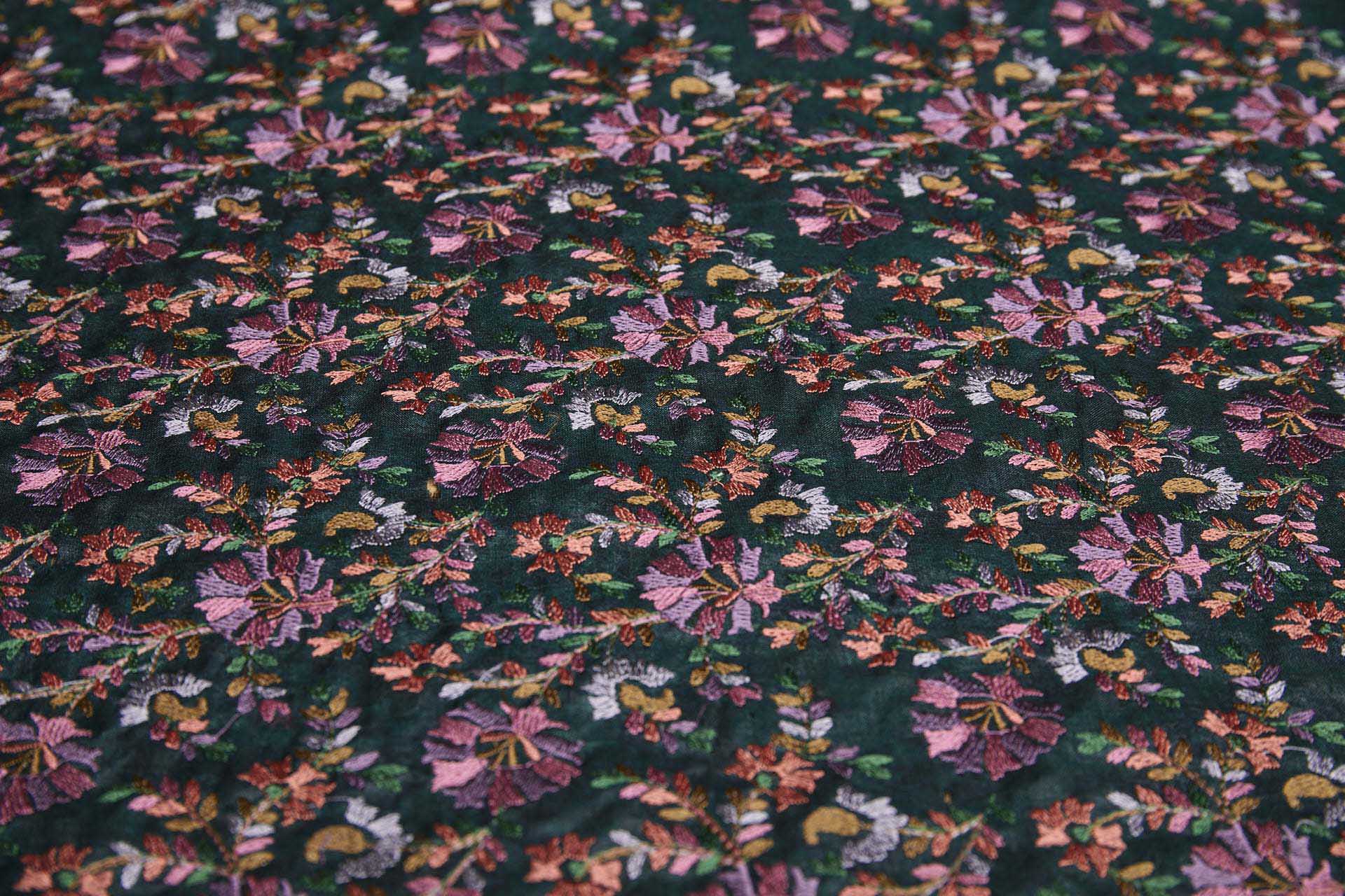 Dense Multi Coloured Floral Embroidery with Green Leaves on Dark Green Silk Tassar fabric, image 3 of 10