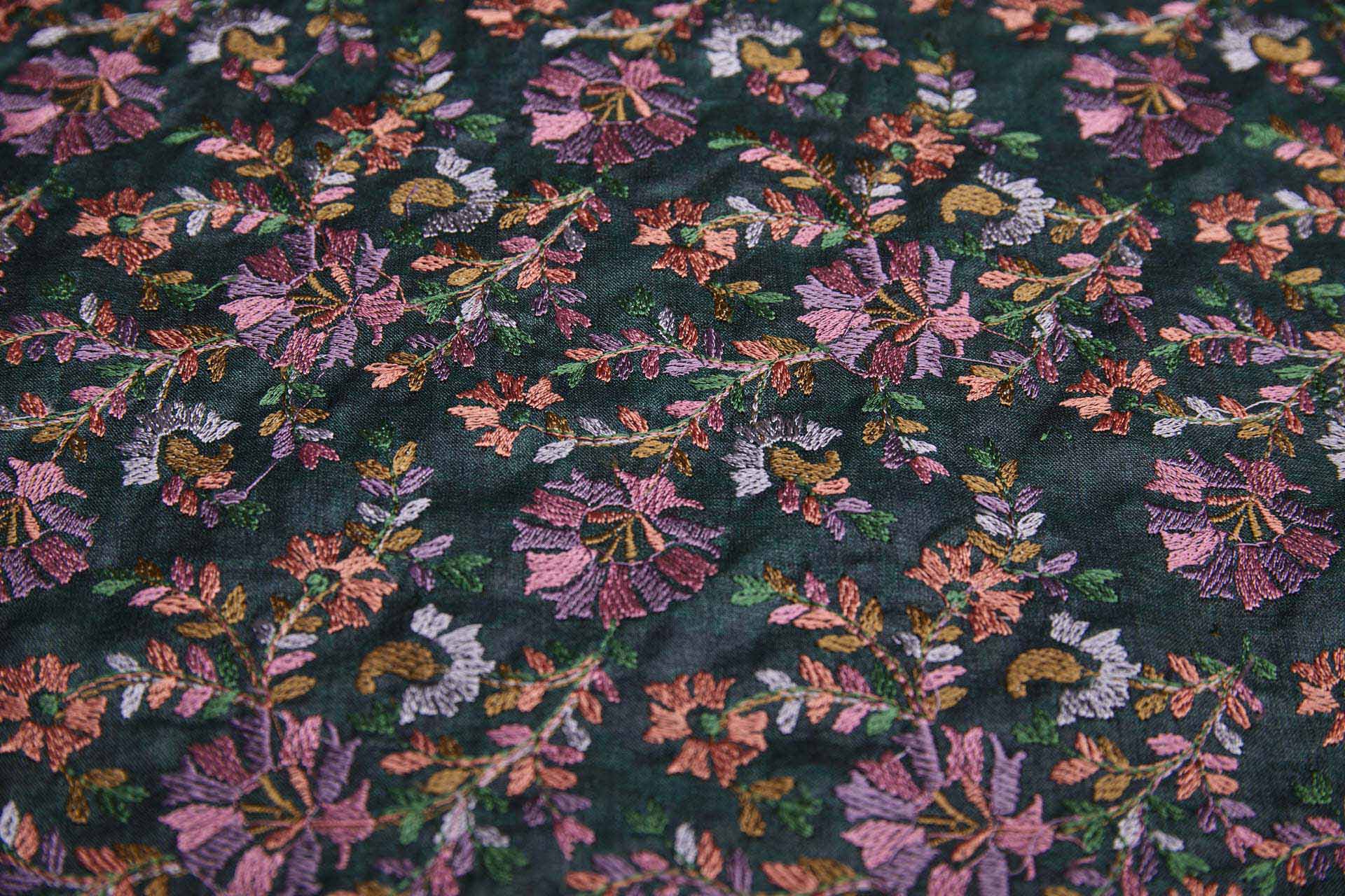Dense Multi Coloured Floral Embroidery with Green Leaves on Dark Green Silk Tassar fabric, image 4 of 10