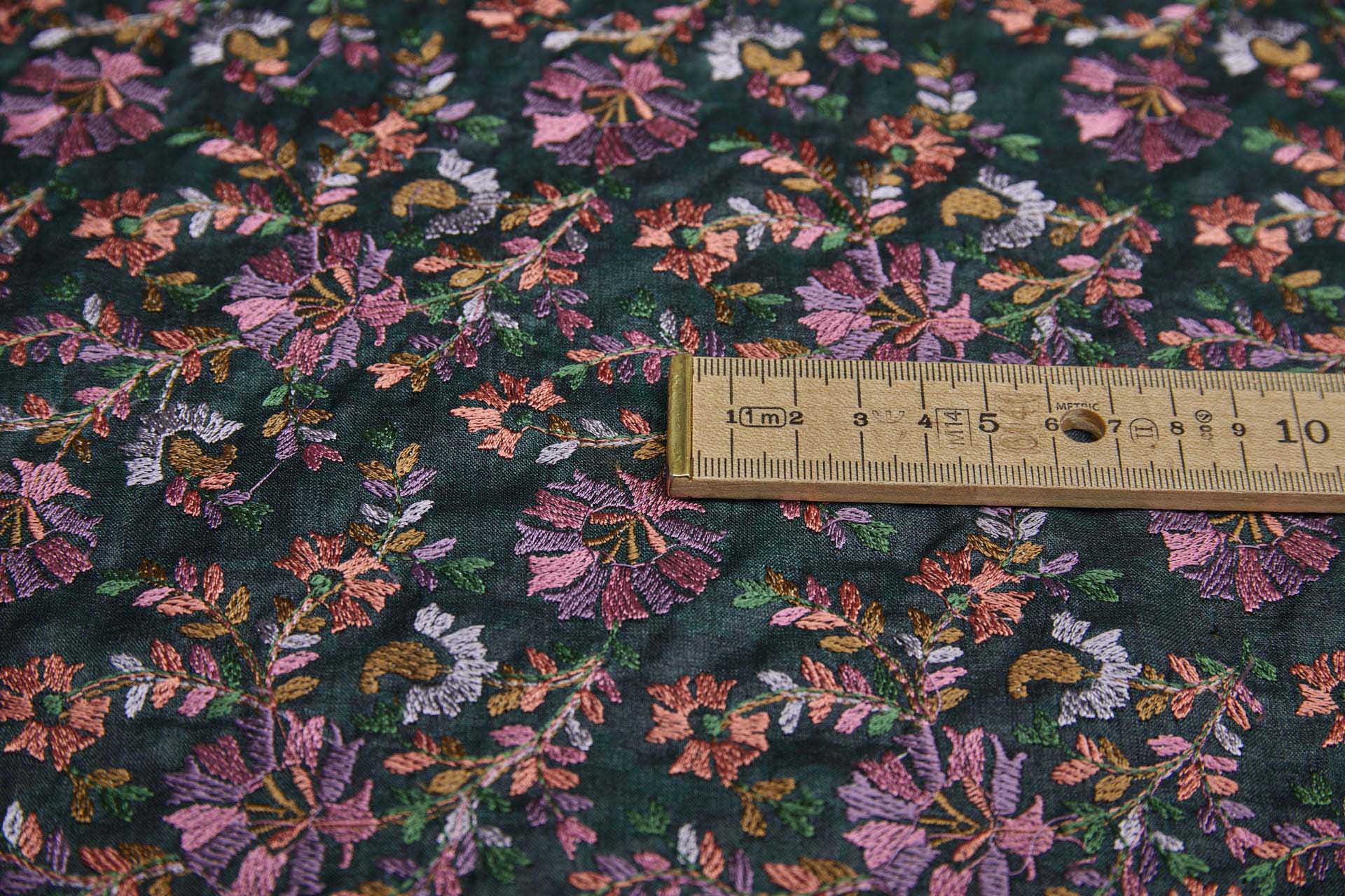 Dense Multi Coloured Floral Embroidery with Green Leaves on Dark Green Silk Tassar fabric, image 5 of 10