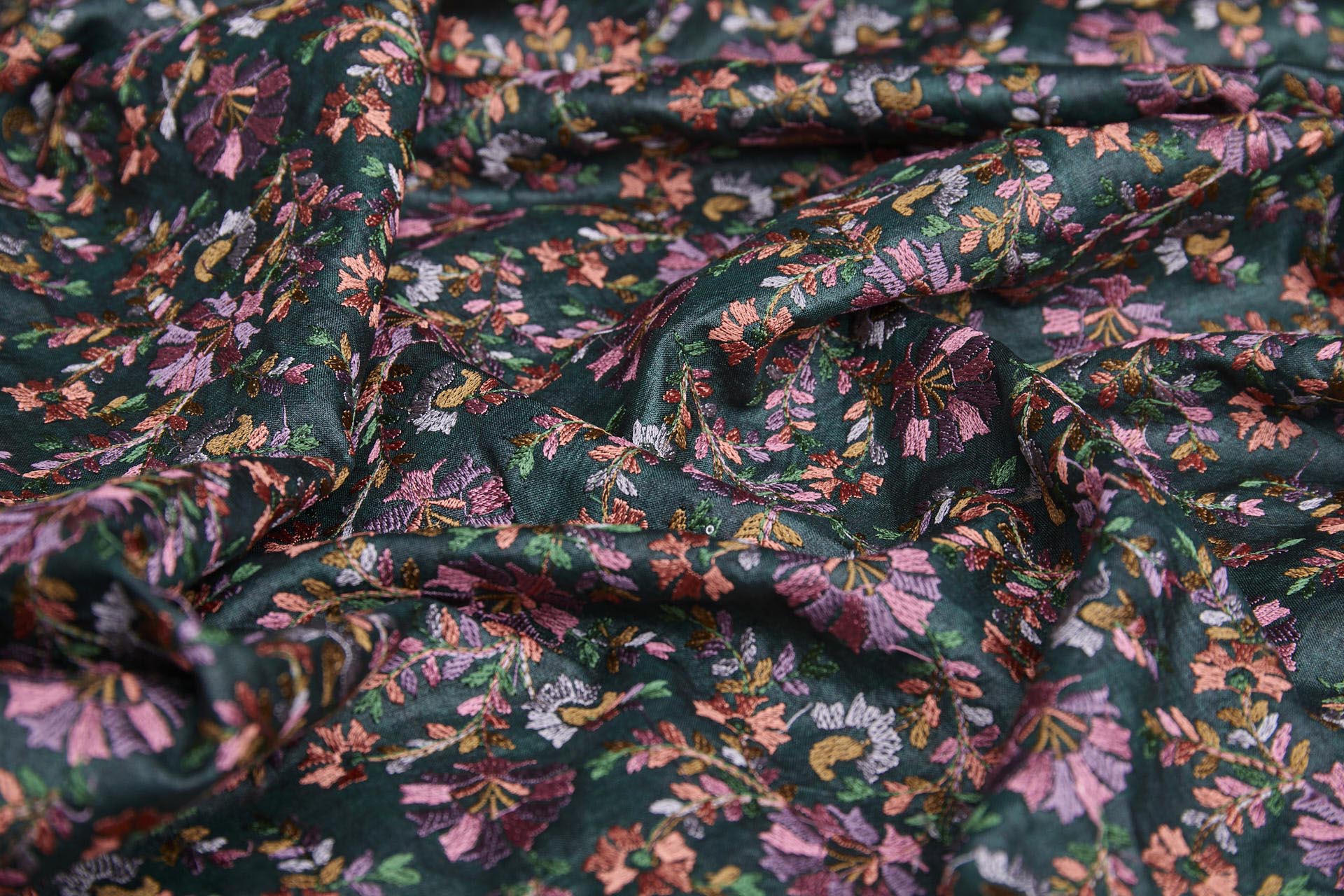 Dense Multi Coloured Floral Embroidery with Green Leaves on Dark Green Silk Tassar fabric, image 6 of 10