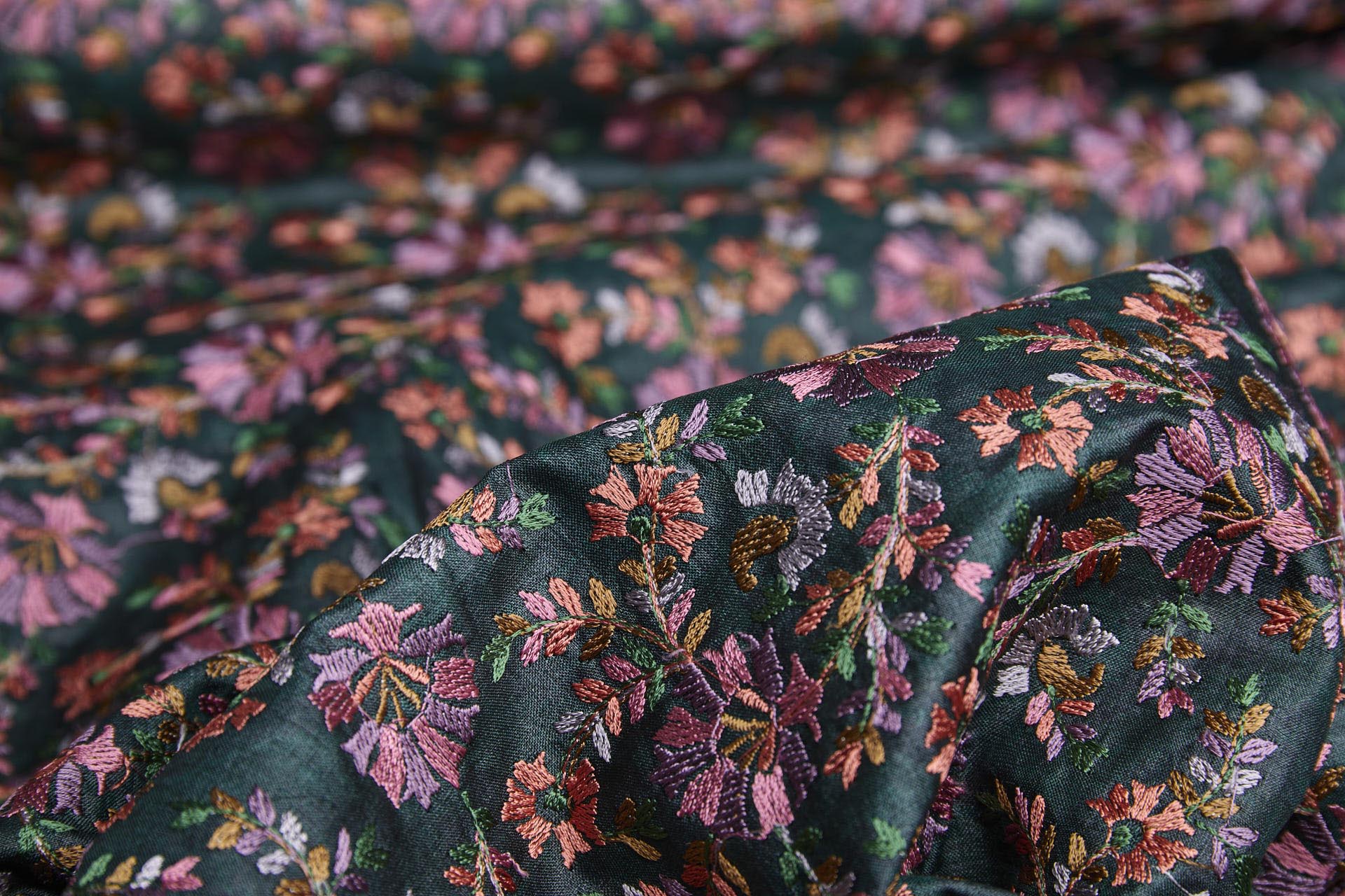 Dense Multi Coloured Floral Embroidery with Green Leaves on Dark Green Silk Tassar fabric, image 7 of 10
