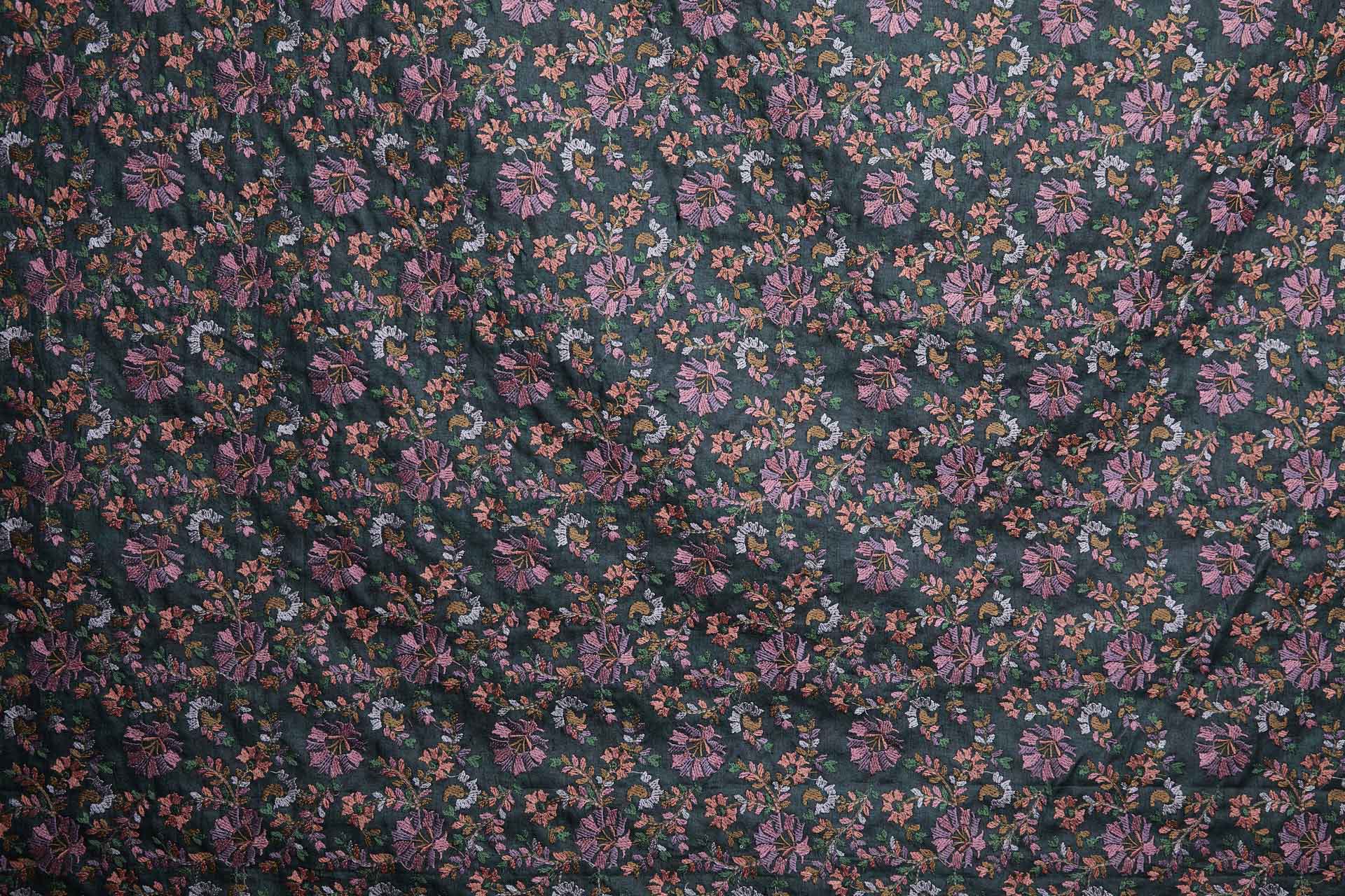 Dense Multi Coloured Floral Embroidery with Green Leaves on Dark Green Silk Tassar fabric, image 8 of 10