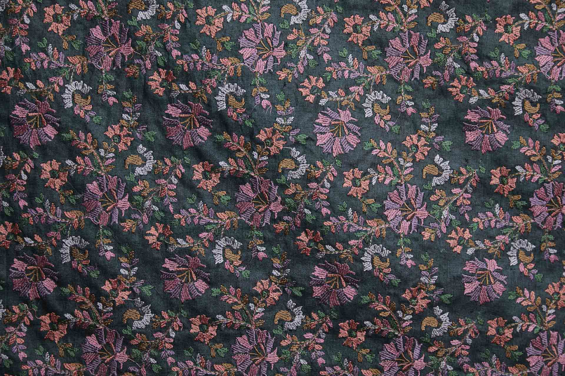 Dense Multi Coloured Floral Embroidery with Green Leaves on Dark Green Silk Tassar fabric, image 9 of 10