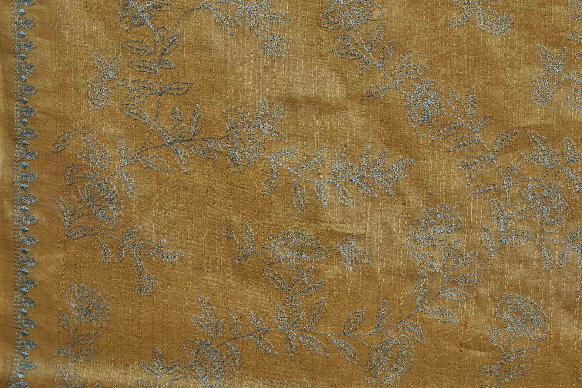 Embroidery on Silk Tassar - Mint Floral on Mustard Yellow fabric, image 2 of 8