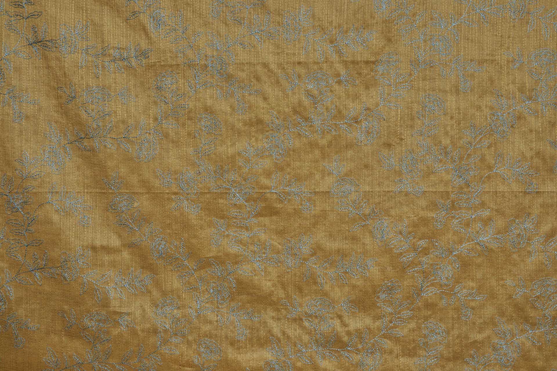 Embroidery on Silk Tassar - Mint Floral on Mustard Yellow fabric, image 3 of 8