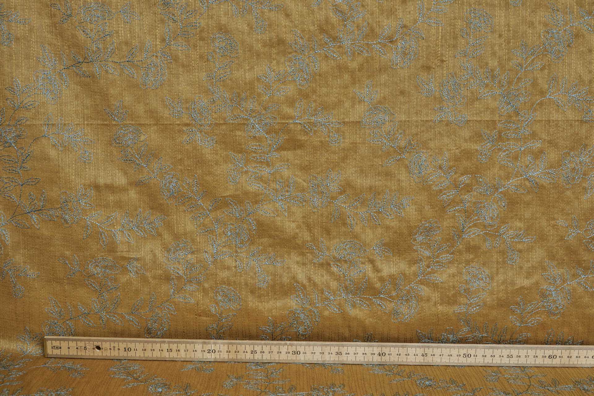 Embroidery on Silk Tassar - Mint Floral on Mustard Yellow fabric, image 4 of 8