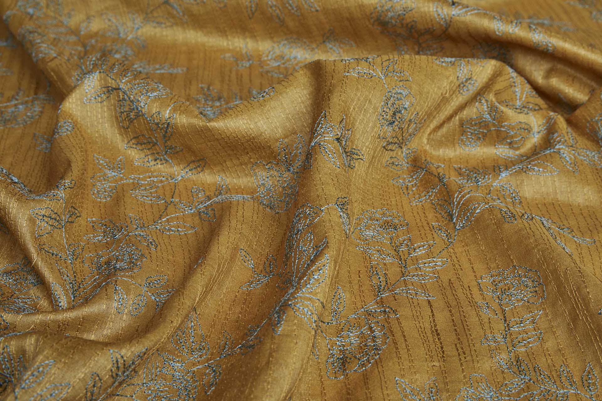 Embroidery on Silk Tassar - Mint Floral on Mustard Yellow fabric, image 5 of 8