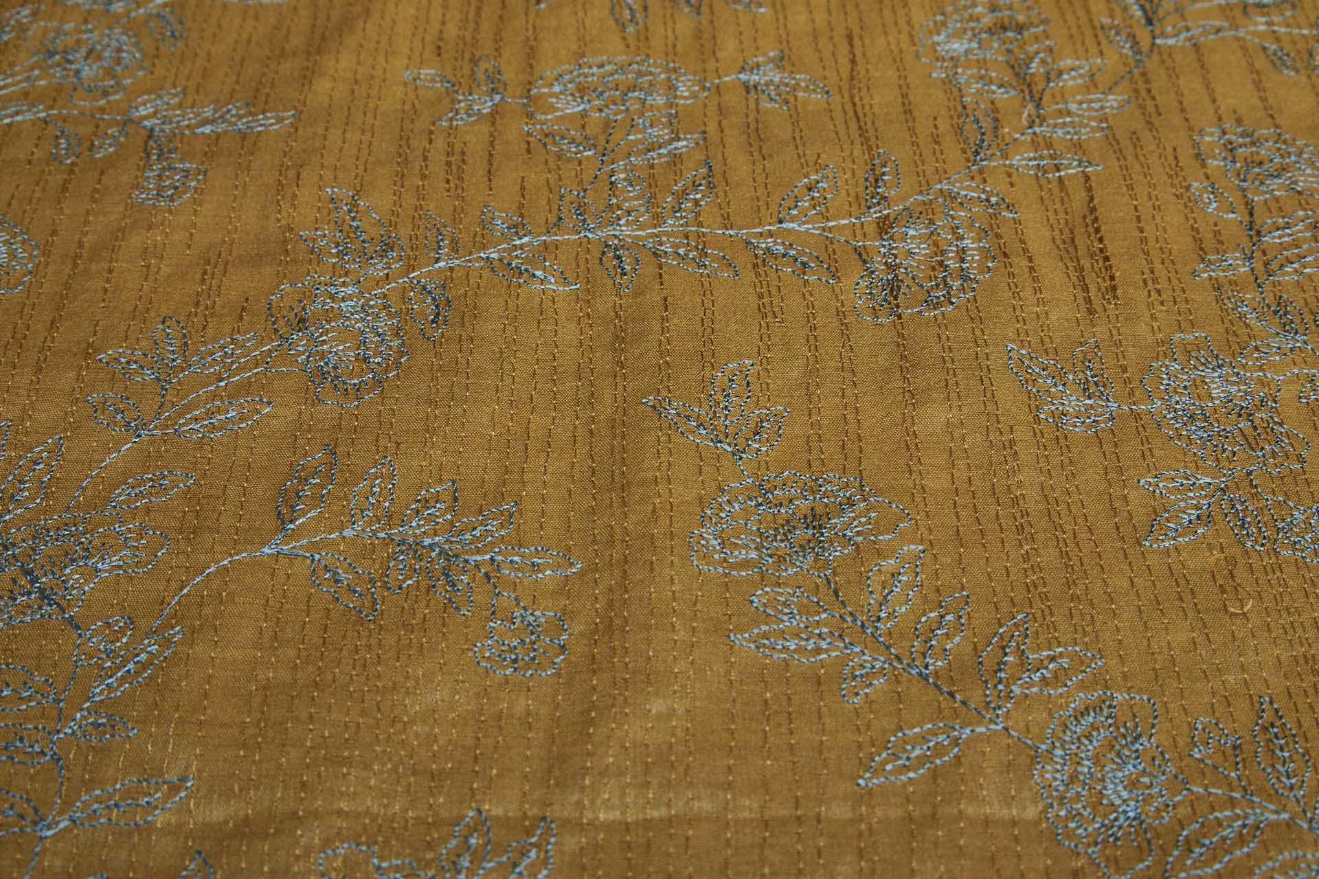 Embroidery on Silk Tassar - Mint Floral on Mustard Yellow fabric, image 6 of 8