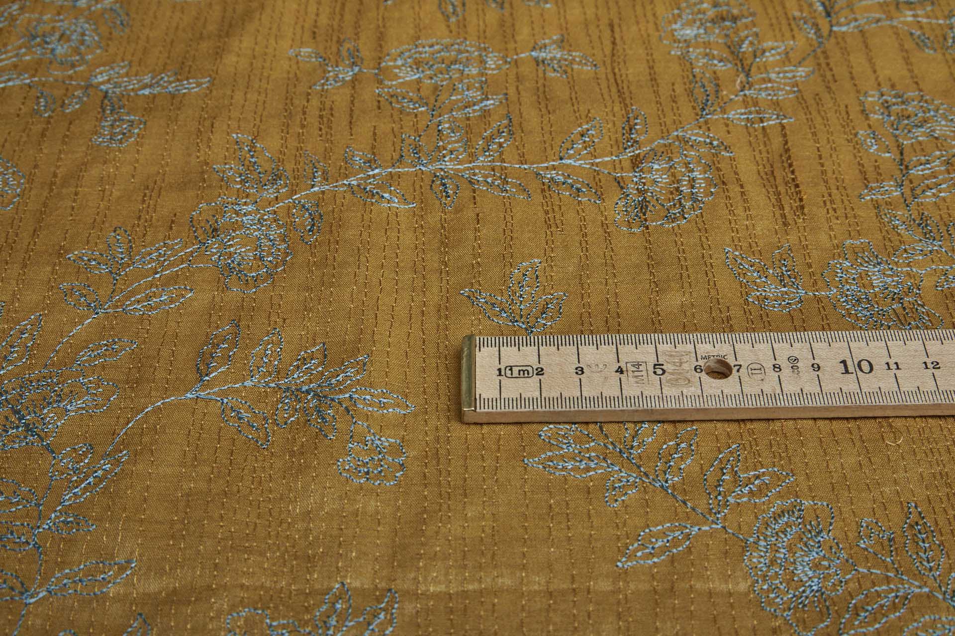 Embroidery on Silk Tassar - Mint Floral on Mustard Yellow fabric, image 7 of 8