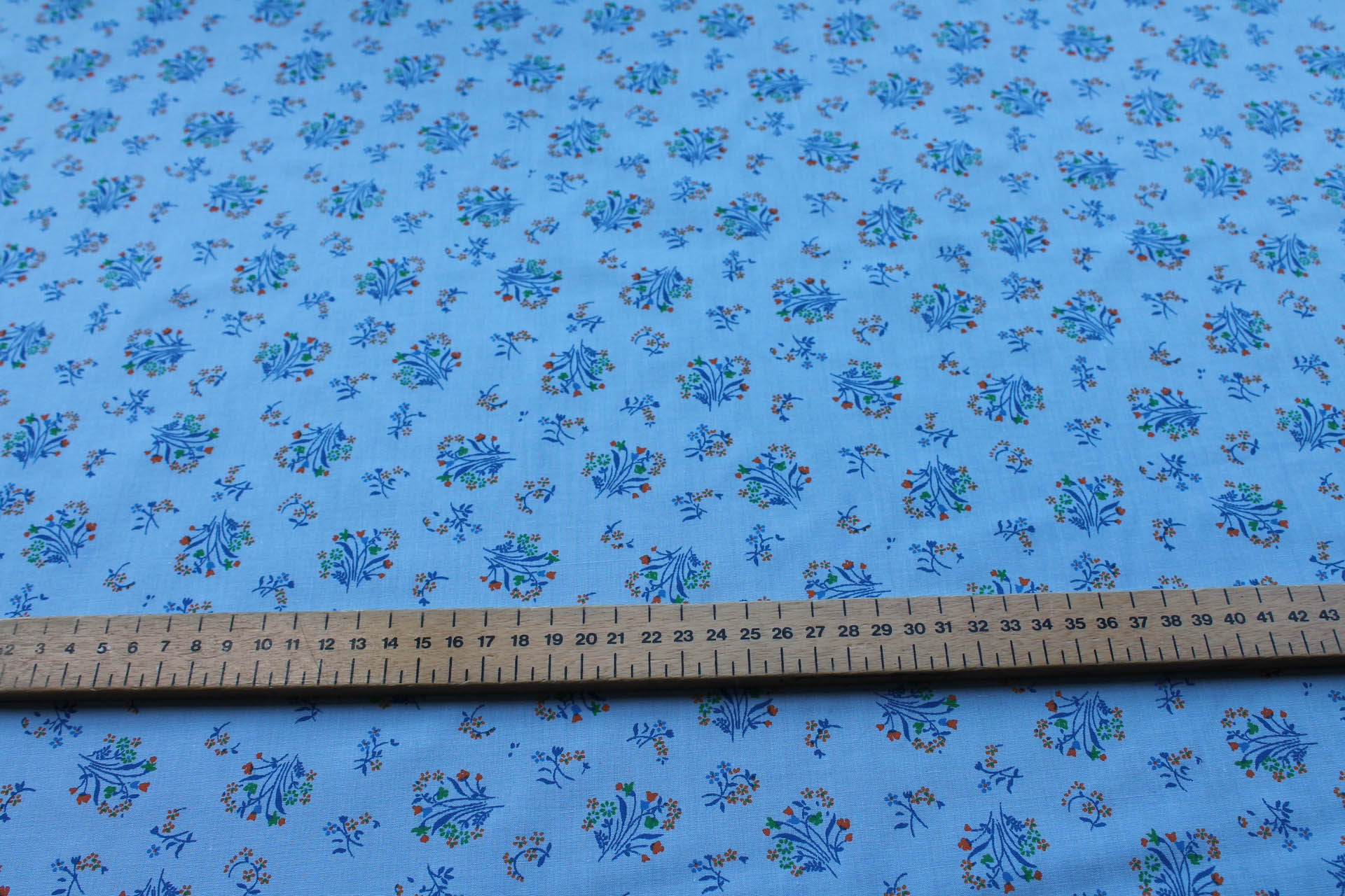 Vintage Printed Cotton - Orange, Blue and Green on Sky Blue fabric, image 2 of 5