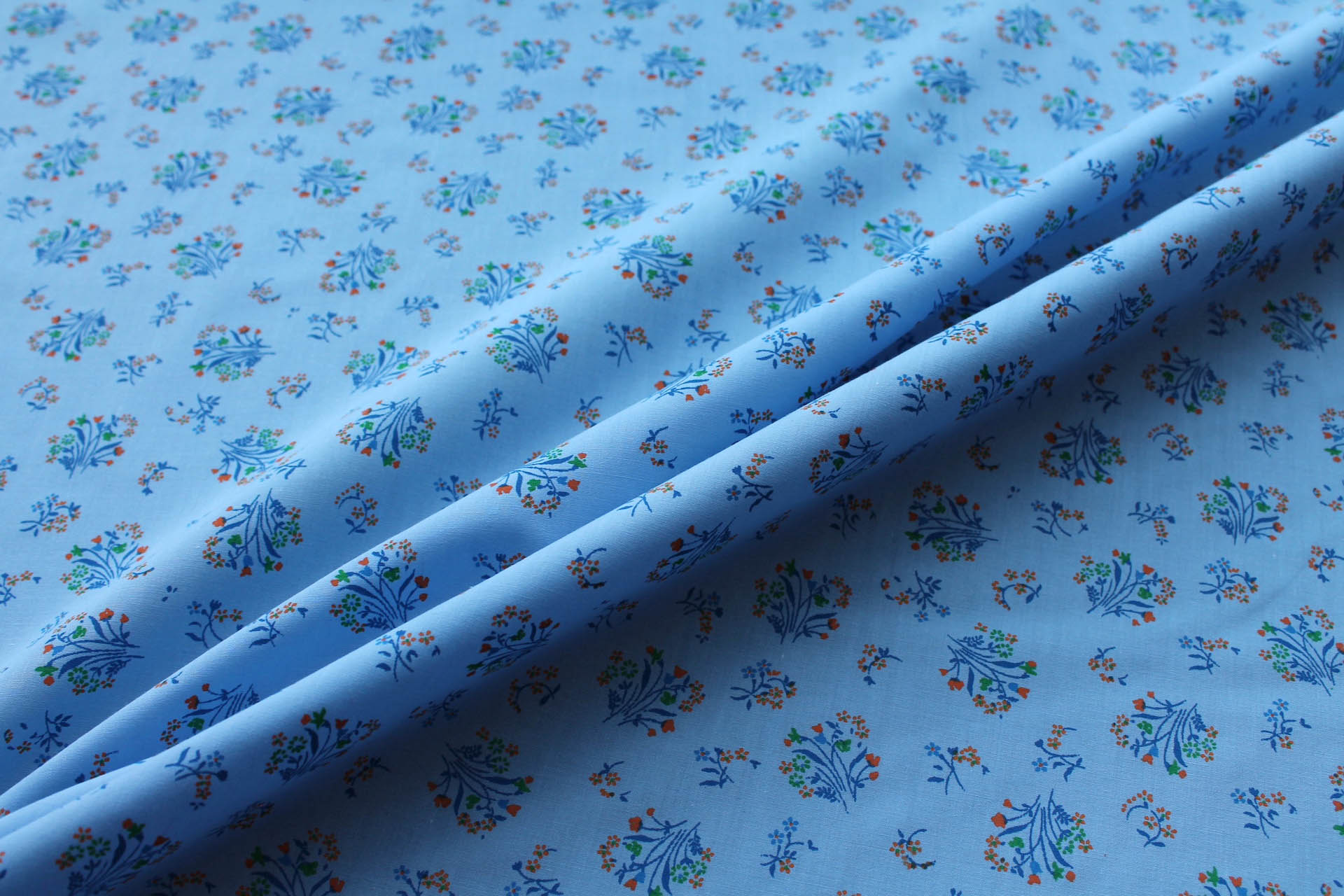 Vintage Printed Cotton - Orange, Blue and Green on Sky Blue fabric, image 3 of 5