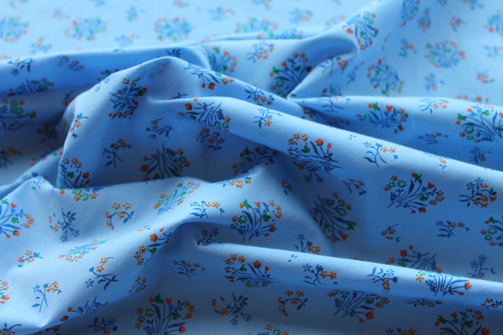 Vintage Printed Cotton - Orange, Blue and Green on Sky Blue fabric, image 4 of 5