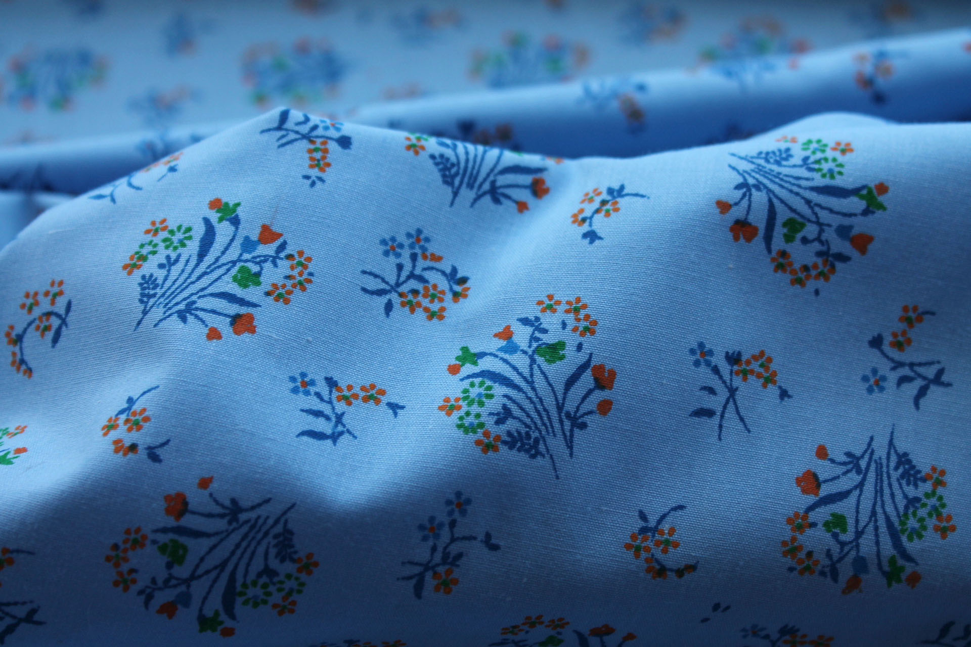 Vintage Printed Cotton - Orange, Blue and Green on Sky Blue fabric, image 5 of 5