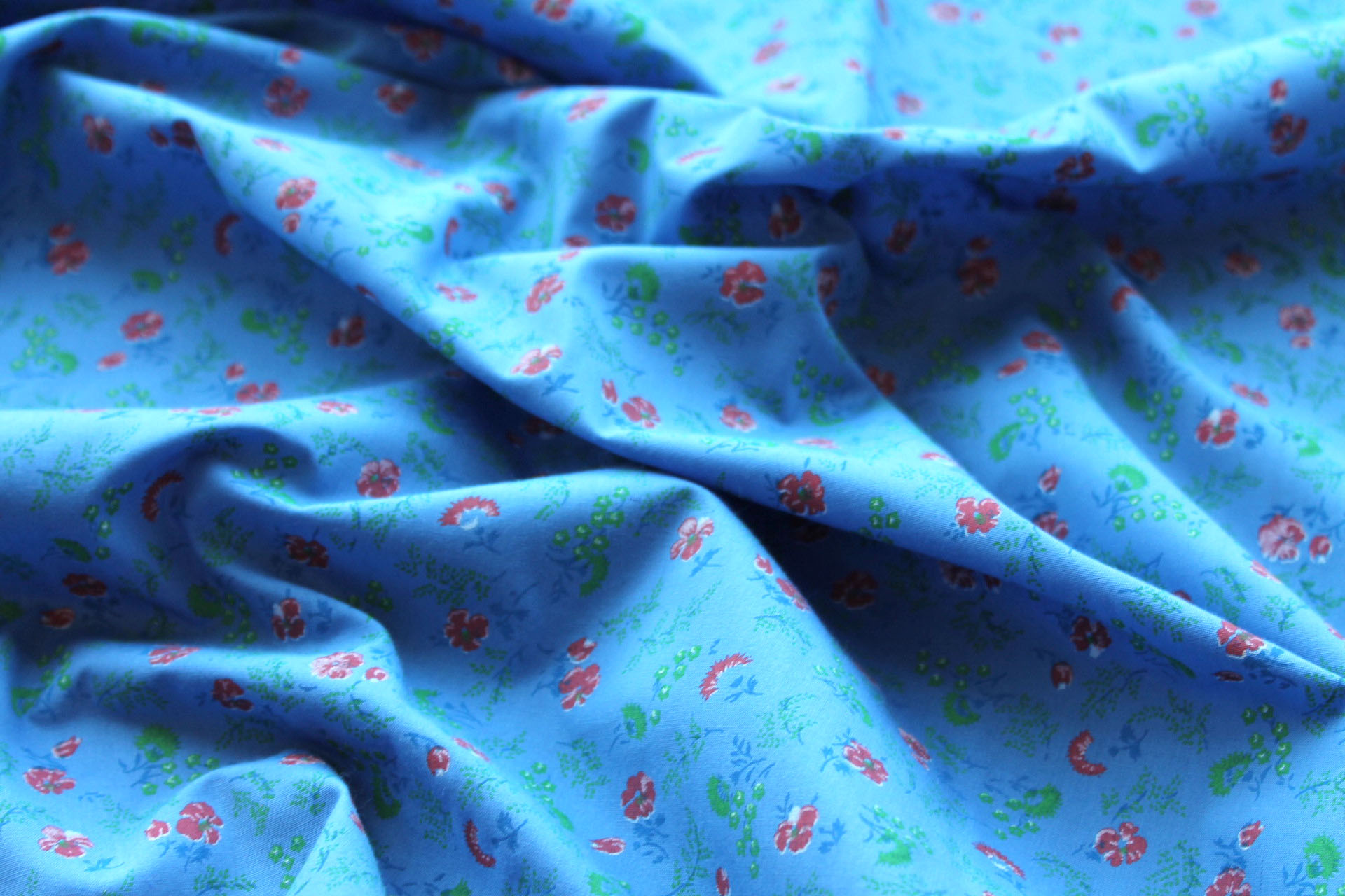 Vintage Printed Cotton - Red, Blue and Green on Mid Blue fabric, image 4 of 5