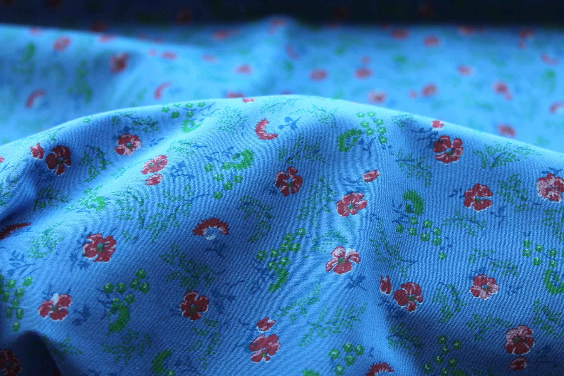Vintage Printed Cotton - Red, Blue and Green on Mid Blue fabric, image 5 of 5