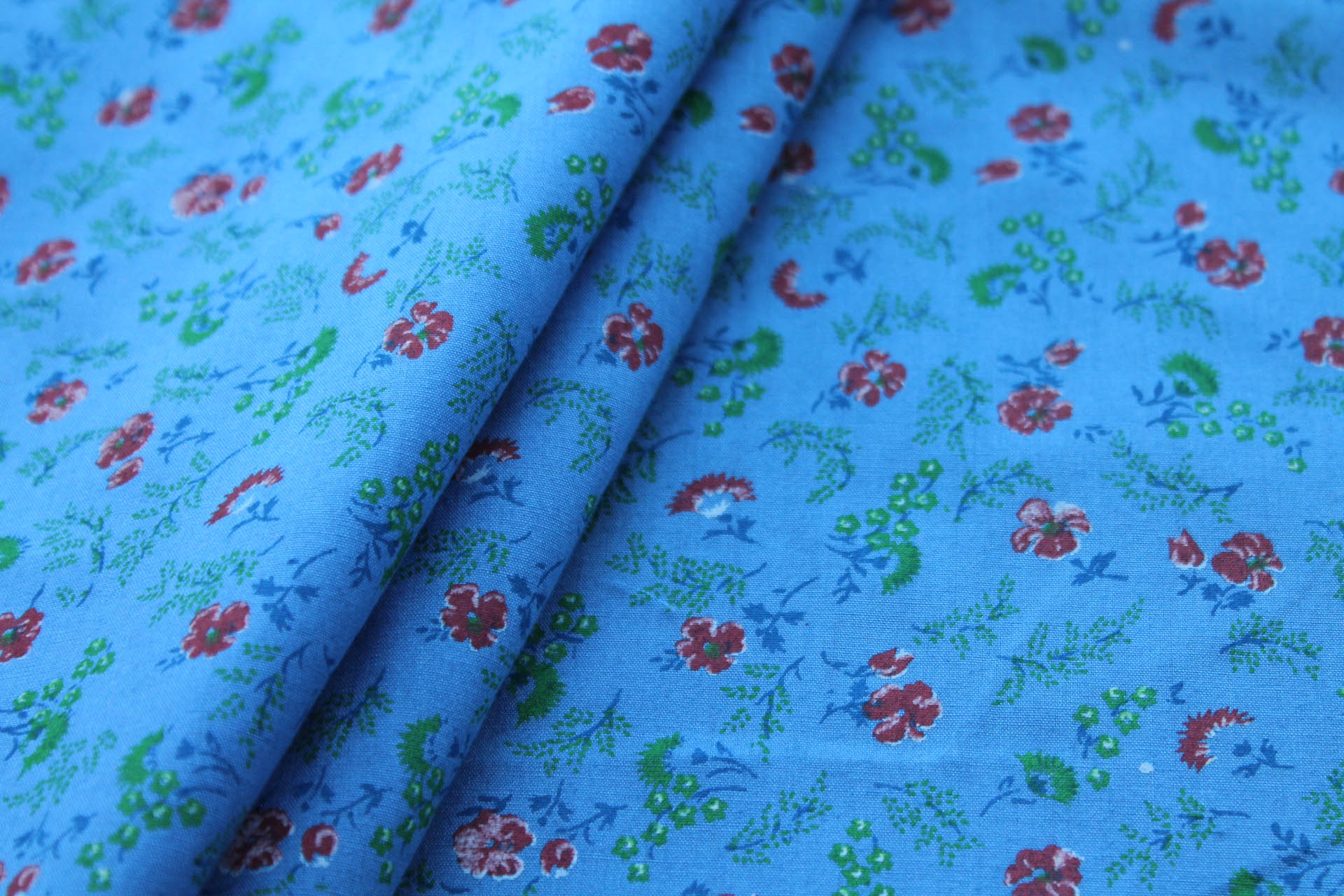 Vintage Printed Cotton - Red, Blue and Green on Mid Blue fabric