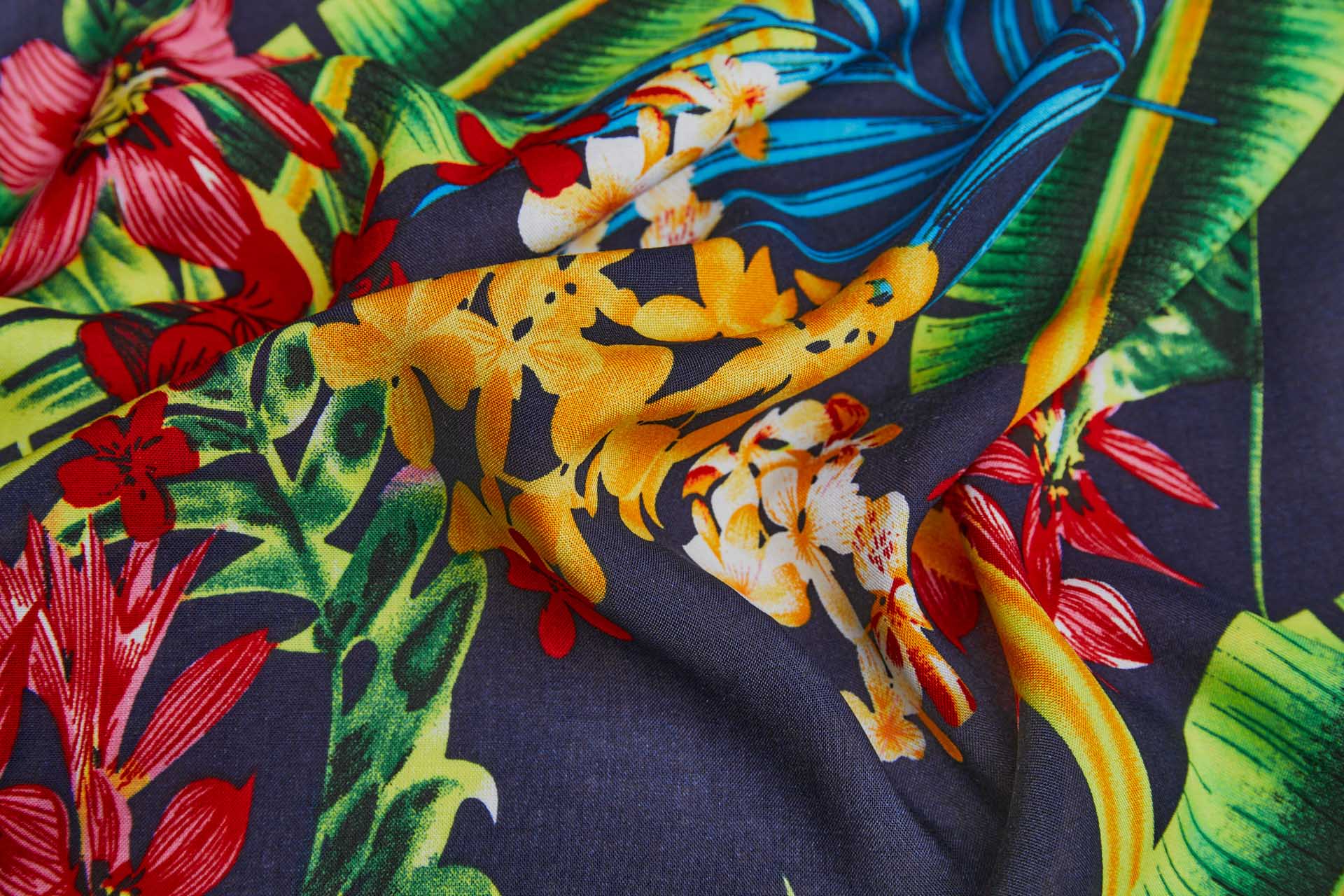 Floral Printed Soft Viscose - Dark Navy w/ Turquoise, Yellow and Green fabric, image 3 of 6