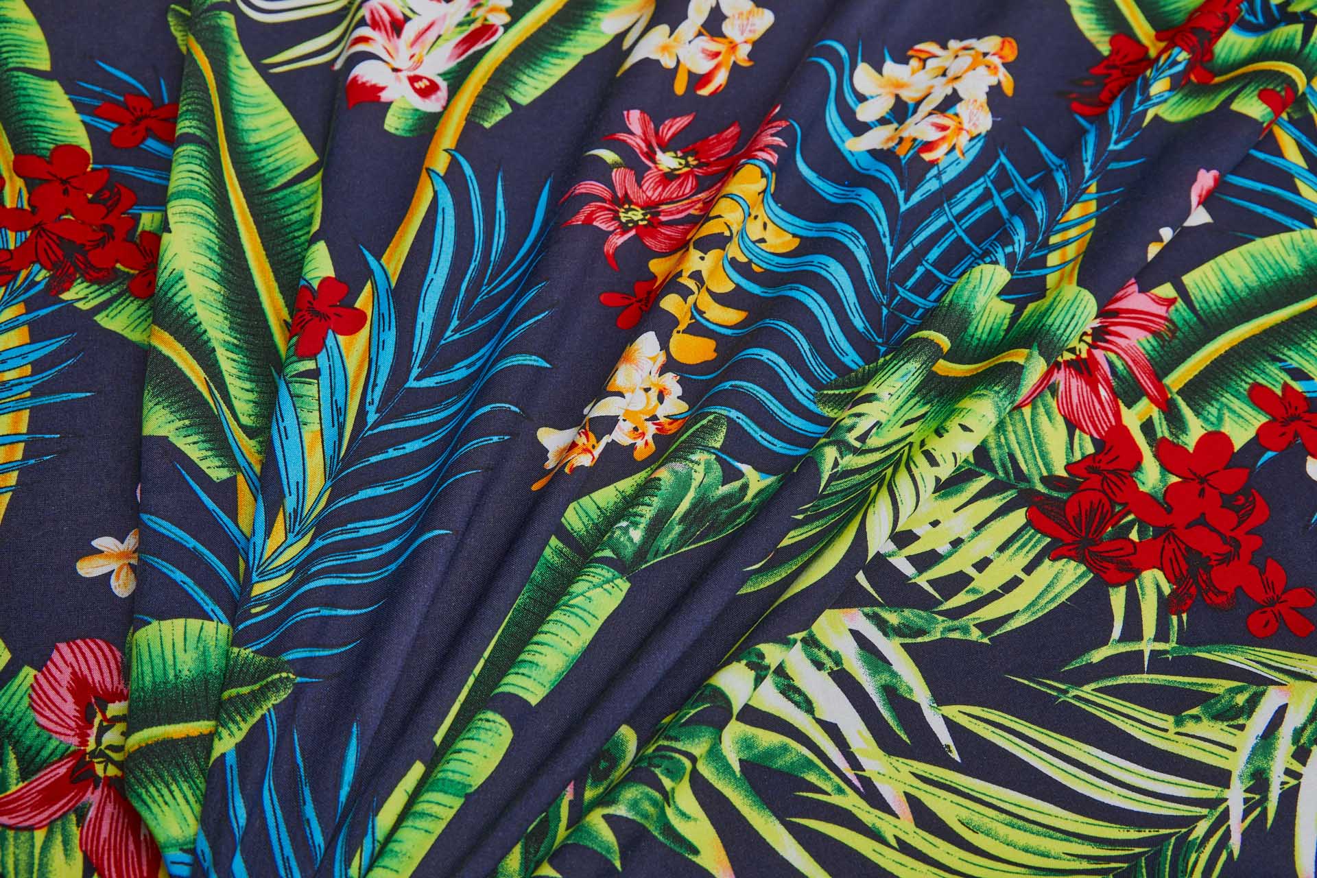 Floral Printed Soft Viscose - Dark Navy w/ Turquoise, Yellow and Green fabric