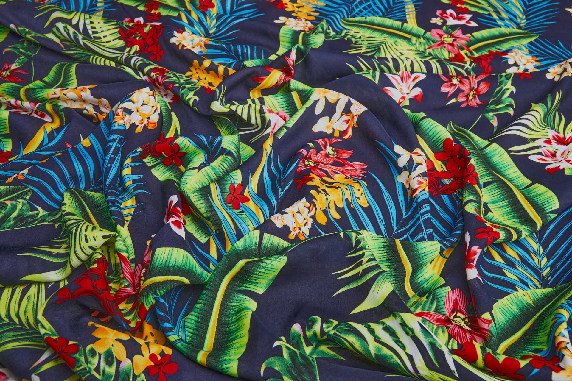Floral Printed Soft Viscose - Dark Navy w/ Turquoise, Yellow and Green fabric, image 4 of 6