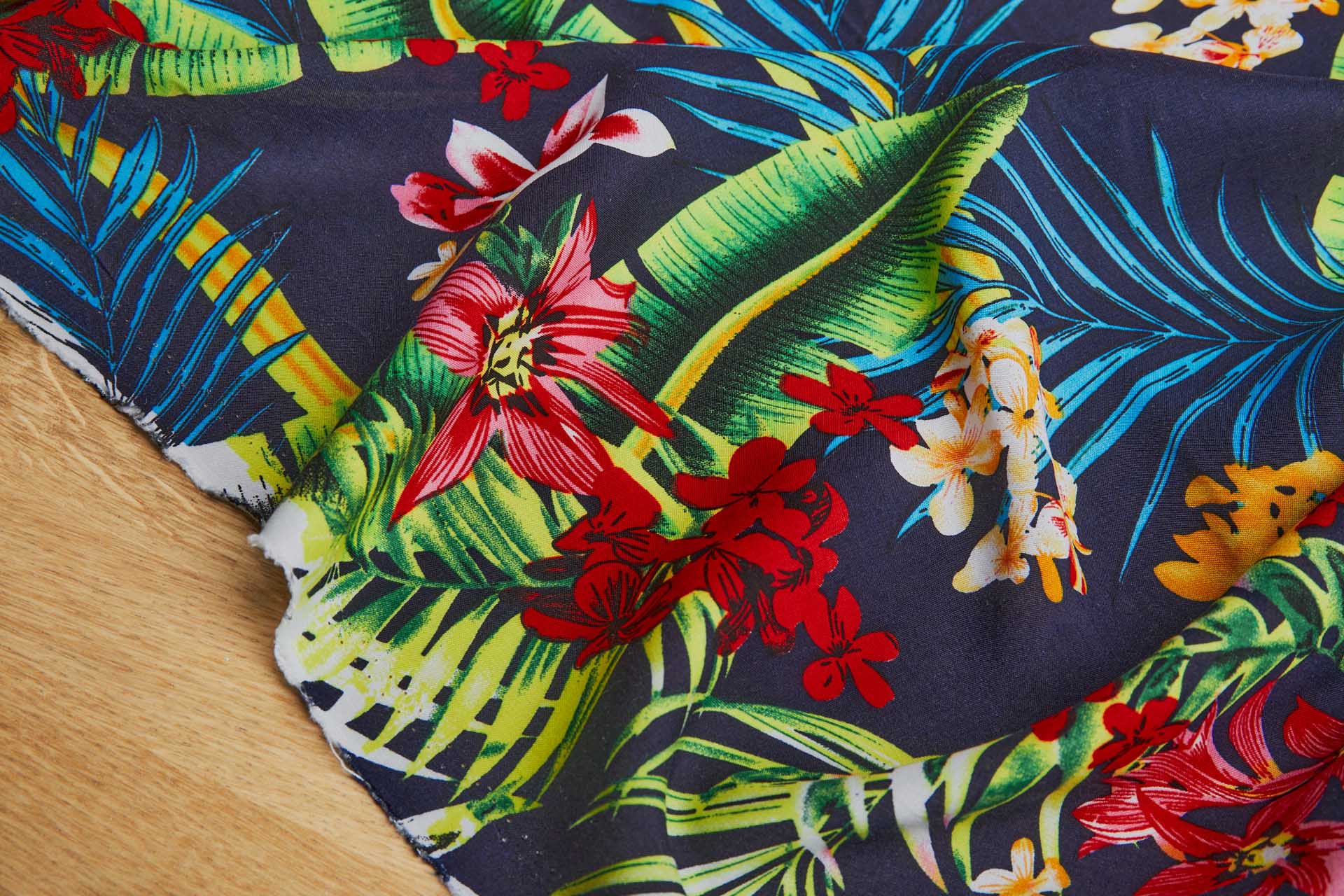 Floral Printed Soft Viscose - Dark Navy w/ Turquoise, Yellow and Green fabric, image 5 of 6