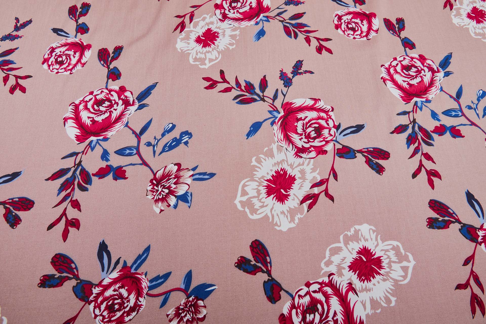 Floral Printed Soft Viscose - Rosy Brown w/ Reds, Blues and Black fabric, image 8 of 8