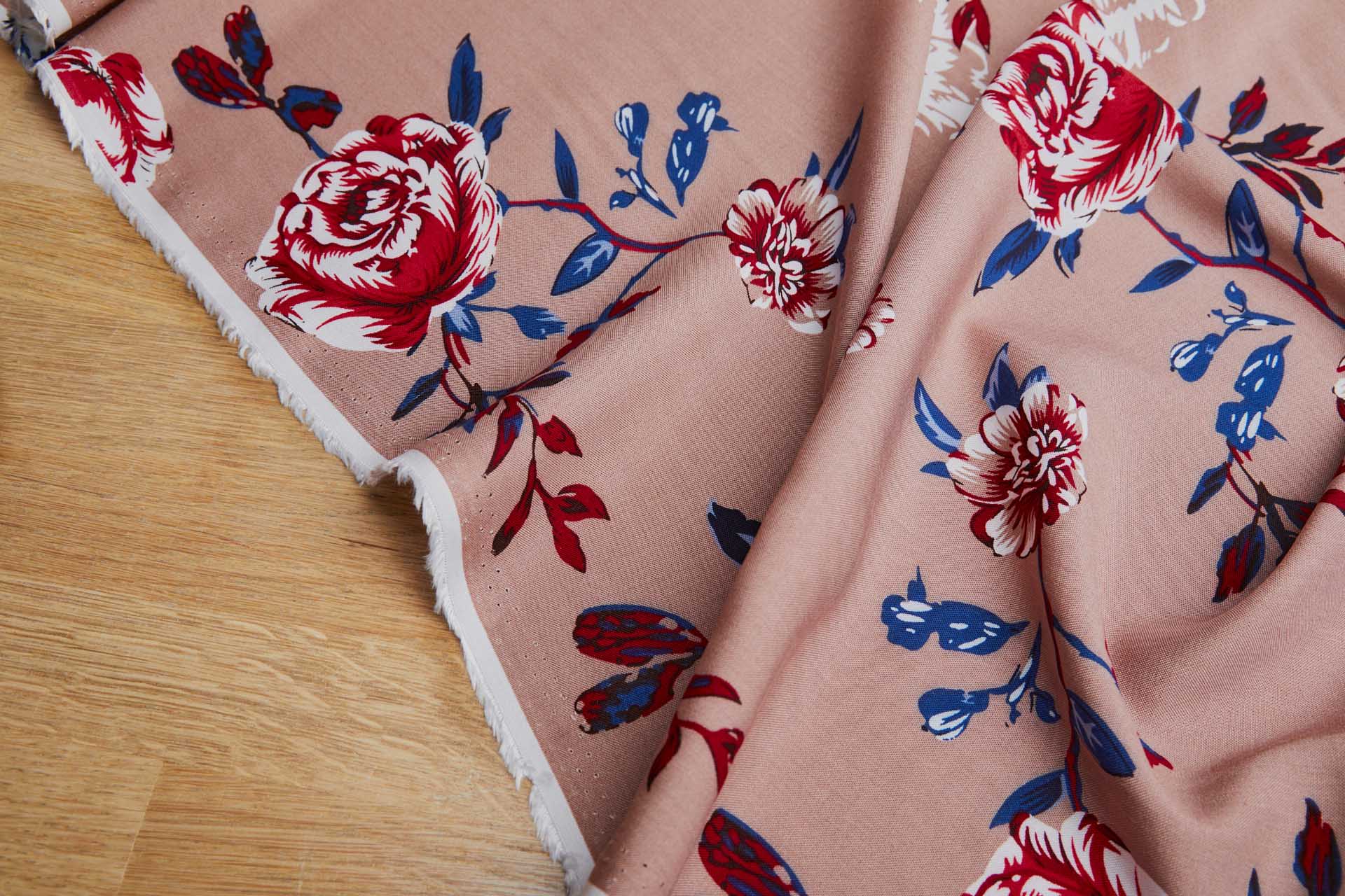 Floral Printed Soft Viscose - Rosy Brown w/ Reds, Blues and Black fabric, image 7 of 8