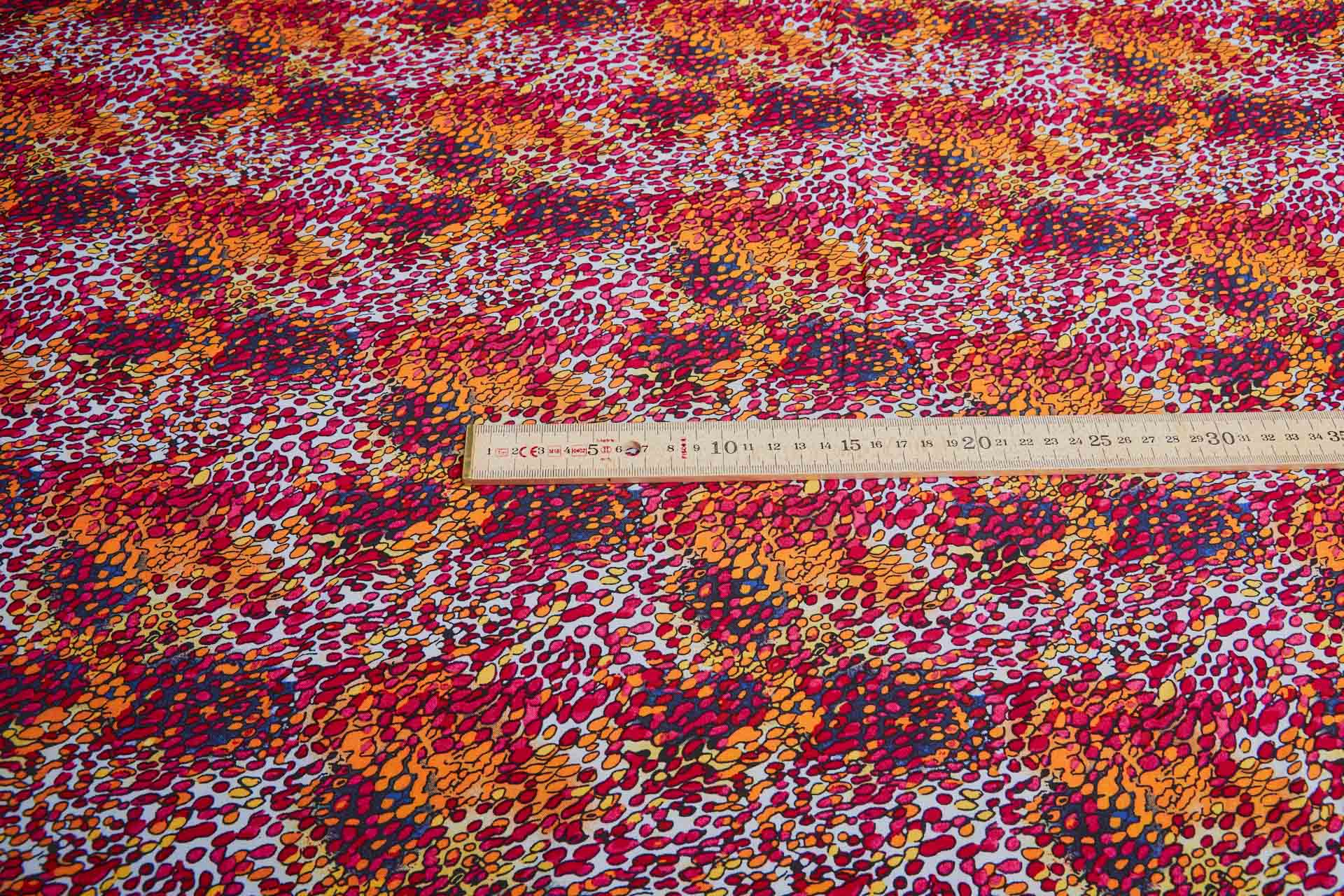 Abstract Spots & Dots Printed Soft Viscose - Pinks, Orange, Yellow and Black on Pale Blue fabric, image 2 of 6