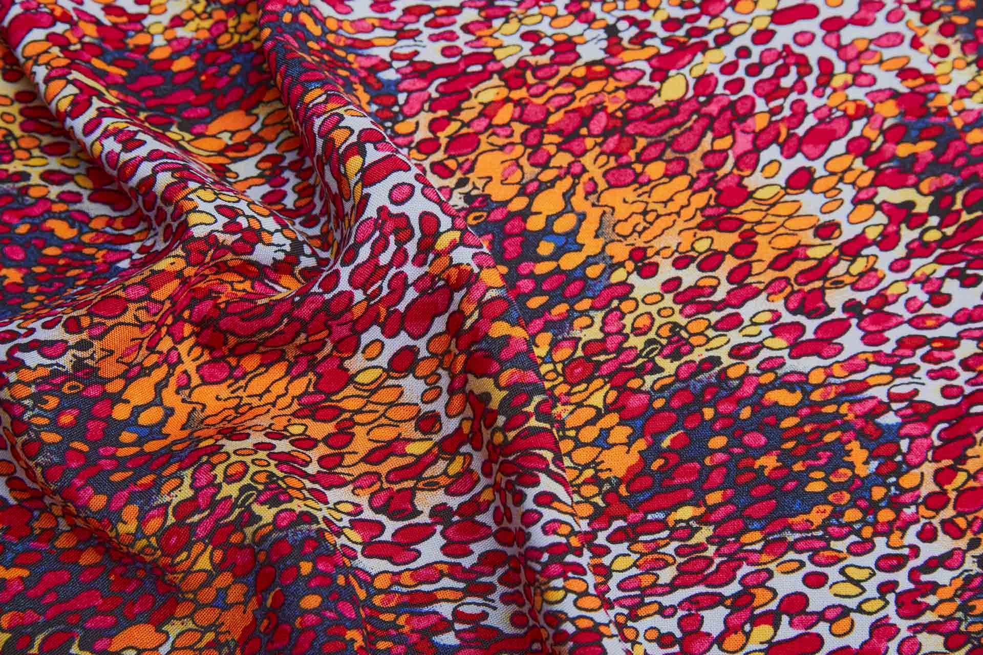 Abstract Spots & Dots Printed Soft Viscose - Pinks, Orange, Yellow and Black on Pale Blue fabric