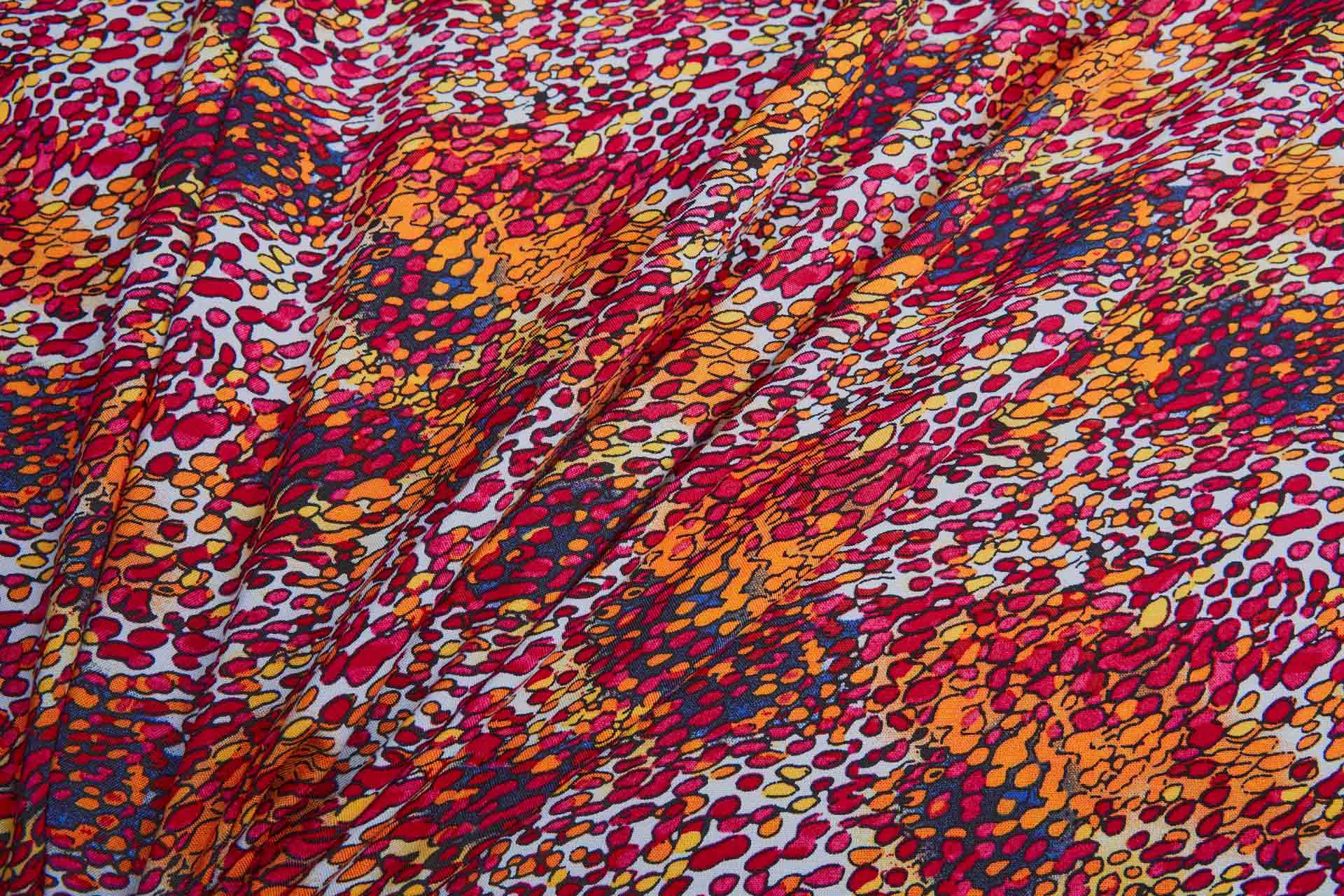 Abstract Spots & Dots Printed Soft Viscose - Pinks, Orange, Yellow and Black on Pale Blue fabric, image 3 of 6