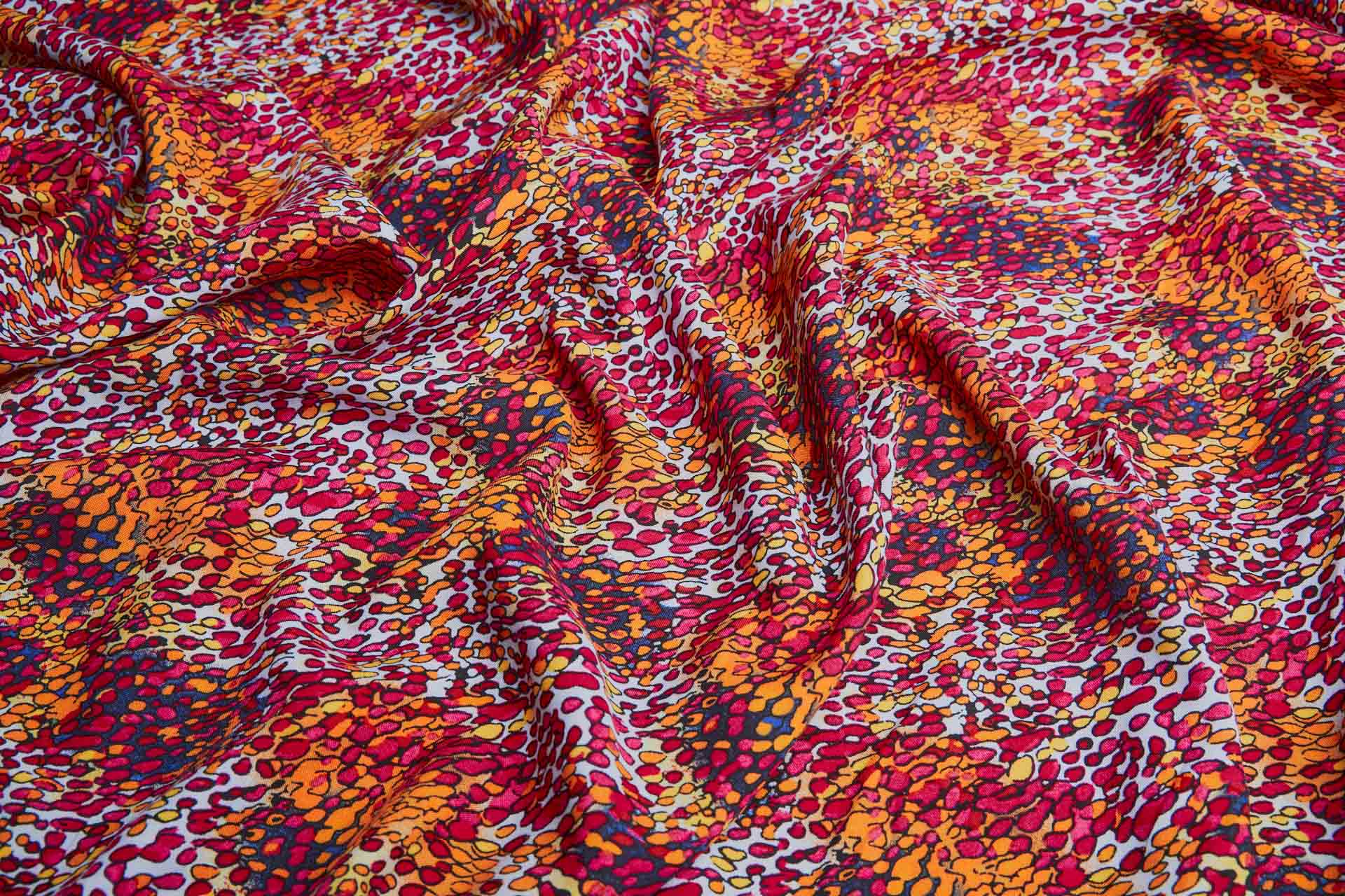 Abstract Spots & Dots Printed Soft Viscose - Pinks, Orange, Yellow and Black on Pale Blue fabric, image 4 of 6