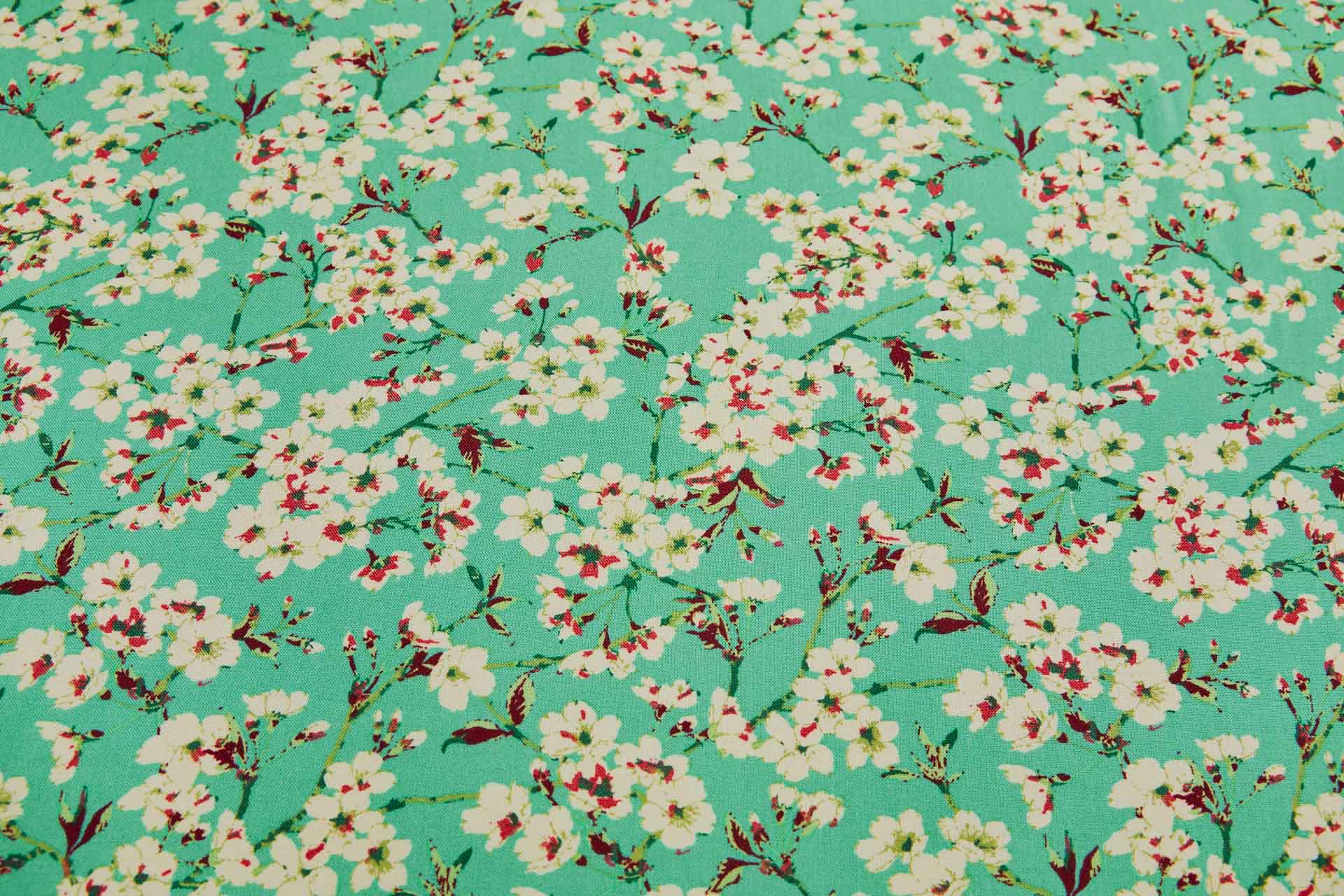 Floral Printed Soft Viscose - Mint w/ Reds, Ivory, Light and Dark Green fabric, image 8 of 8