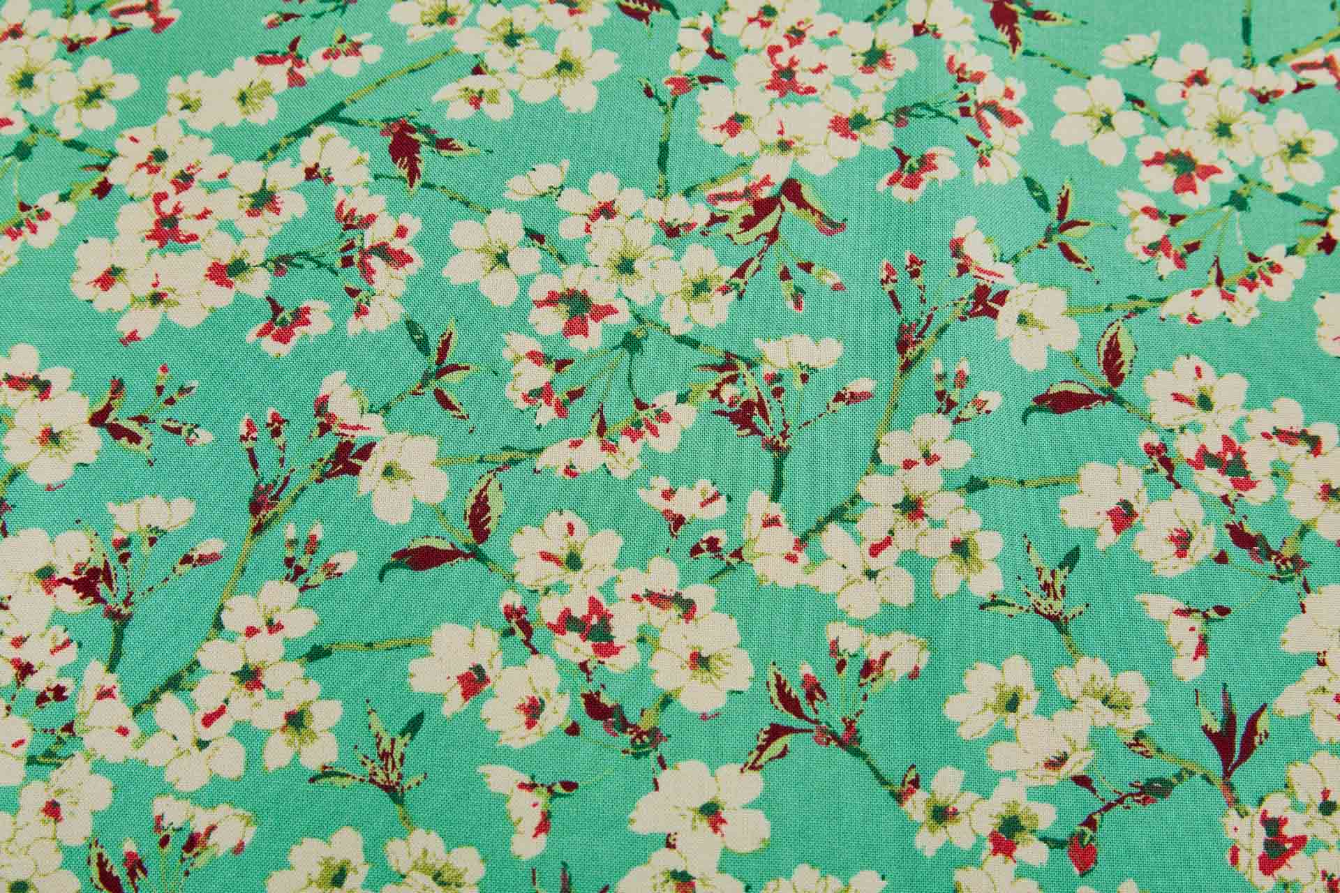 Floral Printed Soft Viscose - Mint w/ Reds, Ivory, Light and Dark Green fabric, image 4 of 8
