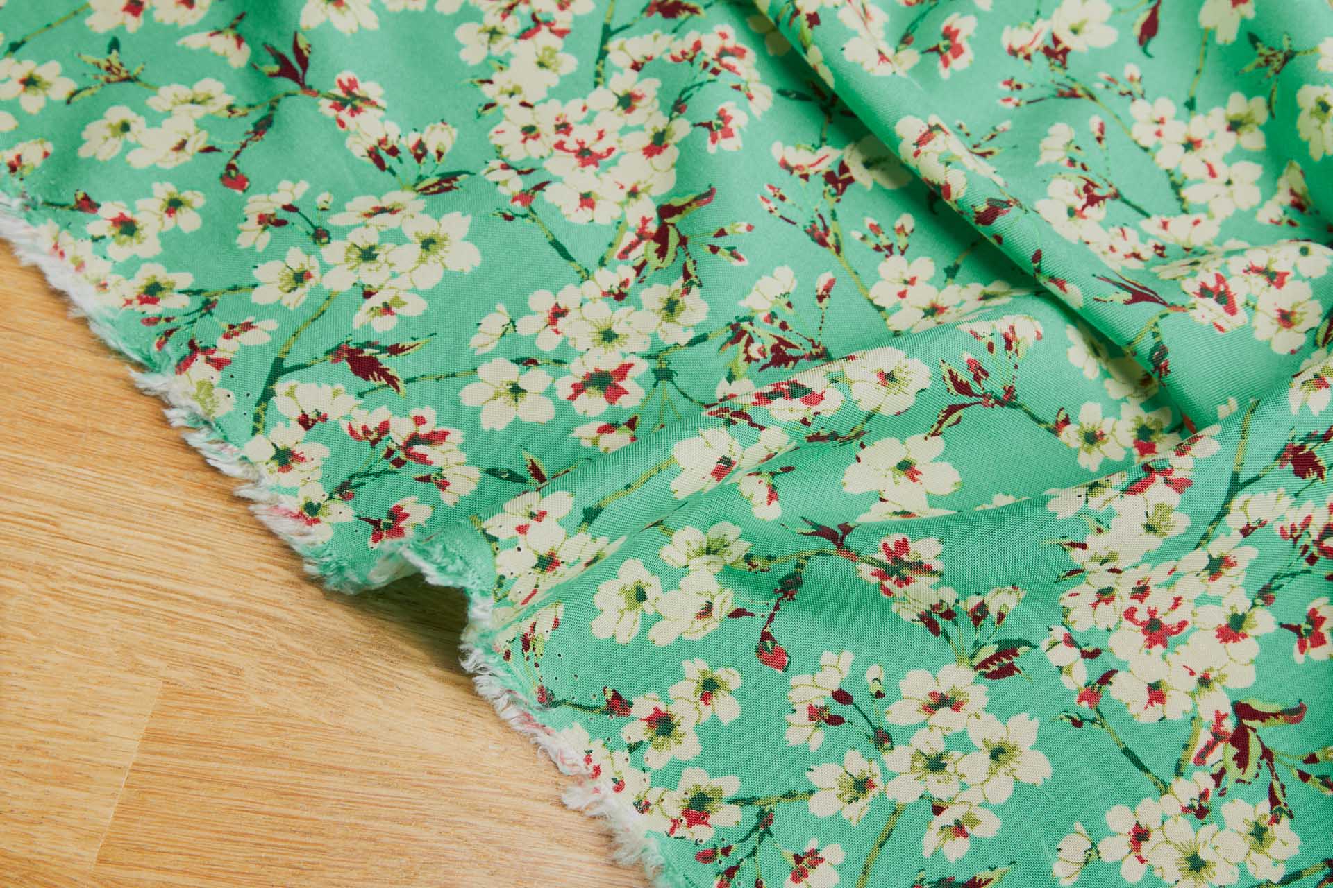 Floral Printed Soft Viscose - Mint w/ Reds, Ivory, Light and Dark Green fabric, image 7 of 8
