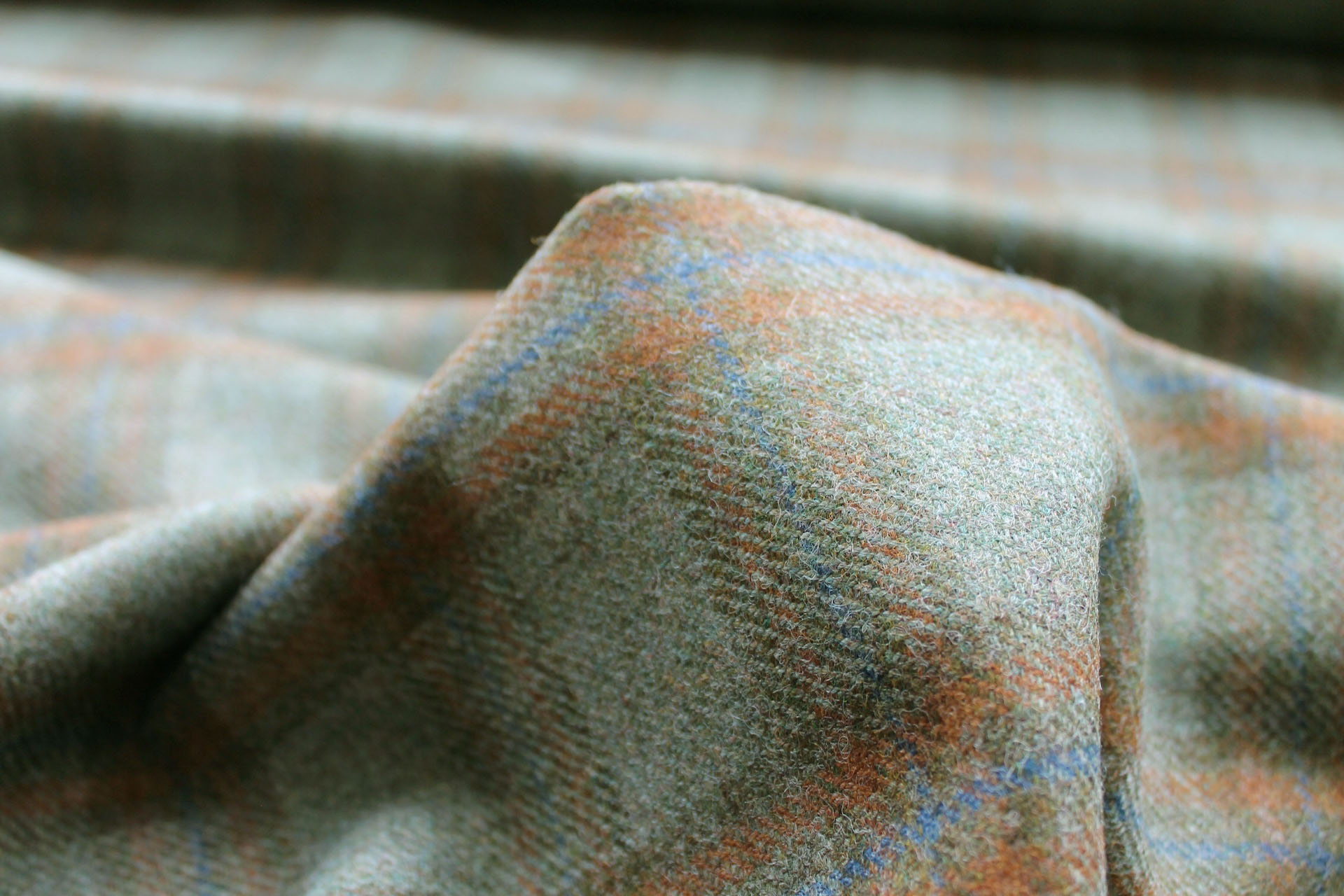 Wool Tartan - Olive Green, Orange and Blue fabric, image 2 of 7