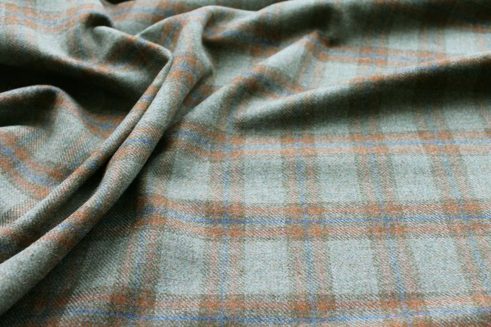 Wool Tartan - Olive Green, Orange and Blue fabric, image 6 of 7
