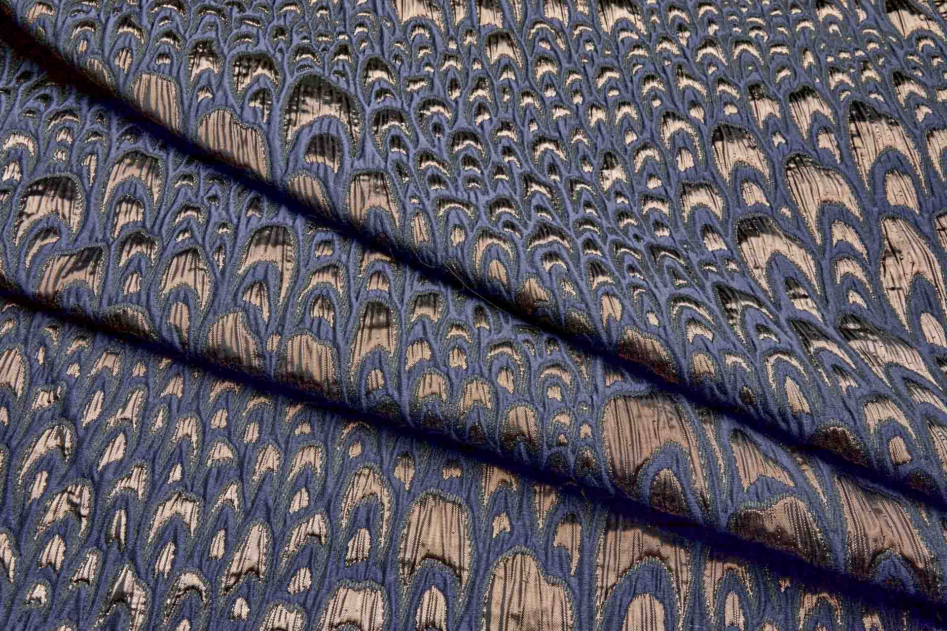 Textured Feather / Scale Brocade - Navy / Bronze Metallic fabric